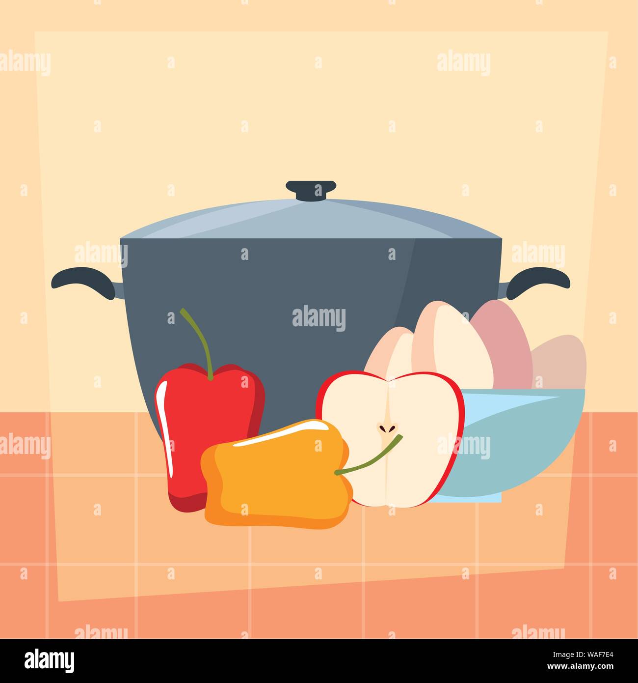 pot bowl eggs apple pepper preparation cooking vector illustration ...