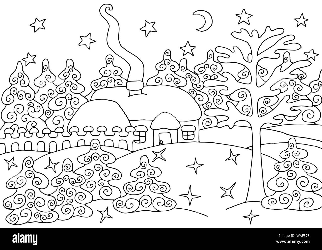 House in the winter snow spruce forest - coloring page for children and adults Stock Vector