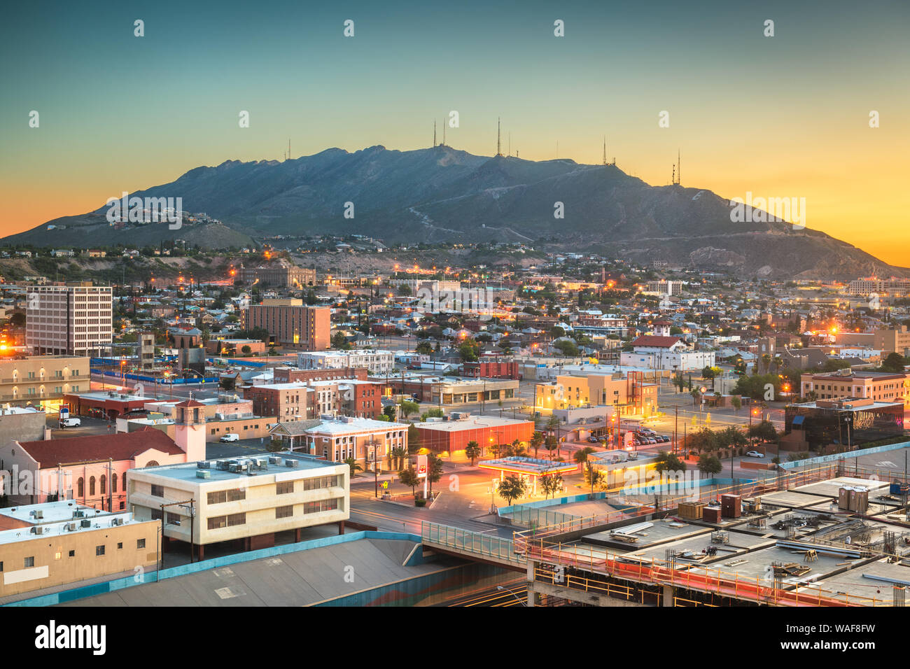 El Paso, Texas, USA  downtown city skyline towards Scenic Drive Overlook at dawn. Stock Photo