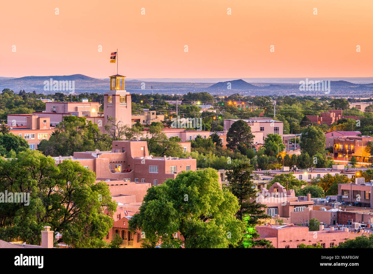 Santa Fe, New Mexico, USA downtown skyline at dusk. Stock Photo