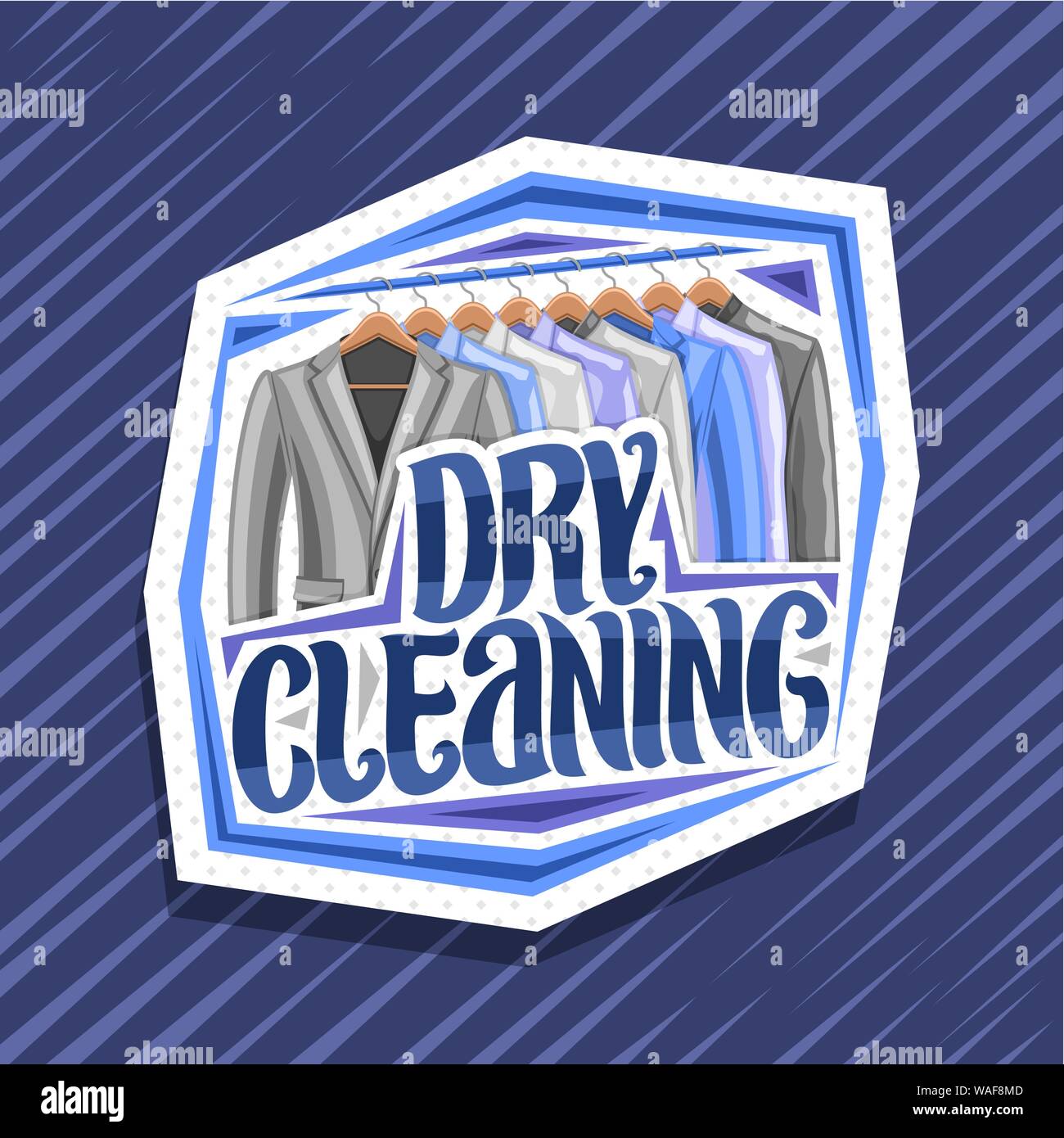 Vector logo for Dry Cleaning, white decorative signboard with illustration of modern blazers and shirts hanging on hanger, original brush lettering fo Stock Vector