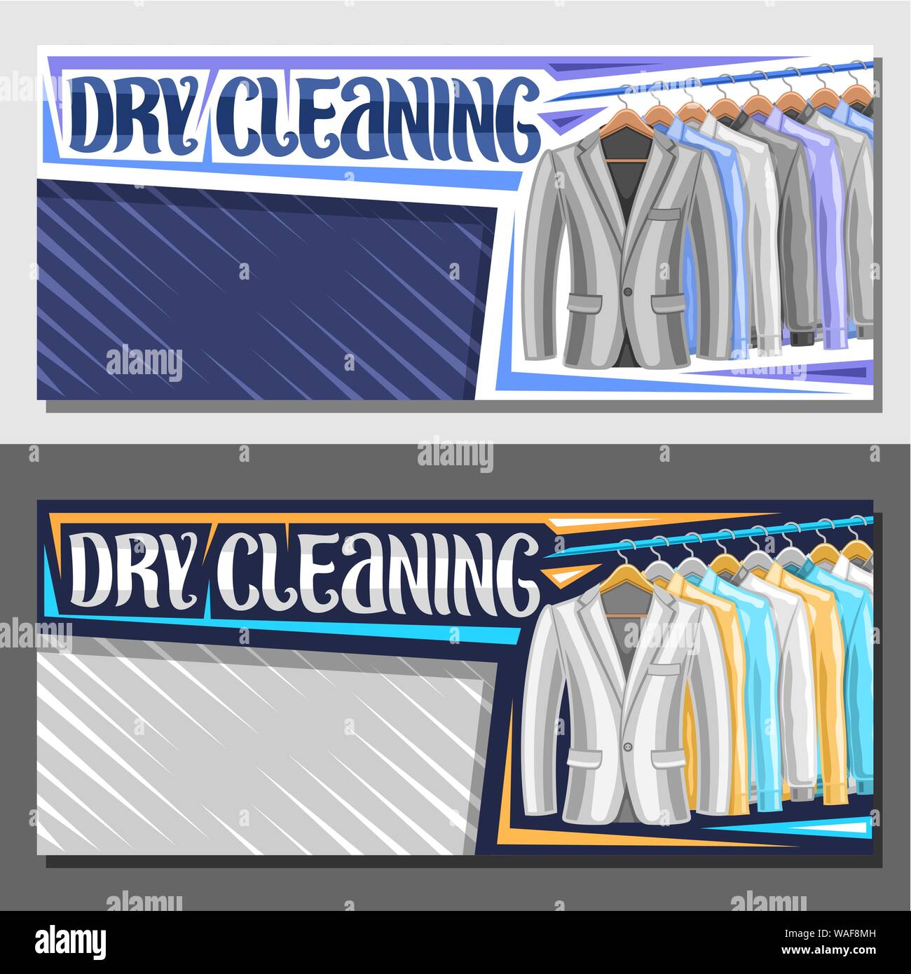 Vector banners for Dry Cleaning with copy space, blue leaflet with illustration of blazers and colorful shirts hanging on hanger, brush typeface for w Stock Vector