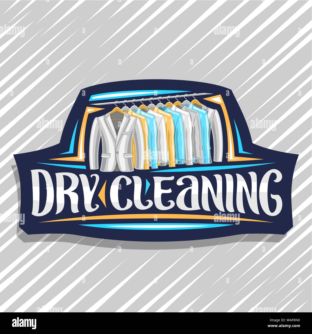 Vector logo for Dry Cleaning, blue decorative tag with illustration of modern blazers and yellow shirts hanging on hanger, original brush typeface for Stock Vector