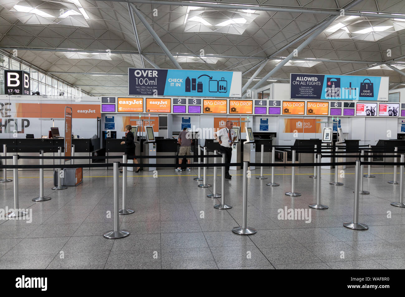LONDON - AUGUST 7, 2019: EasyJet check in desk at London Stansted airport Stock Photo