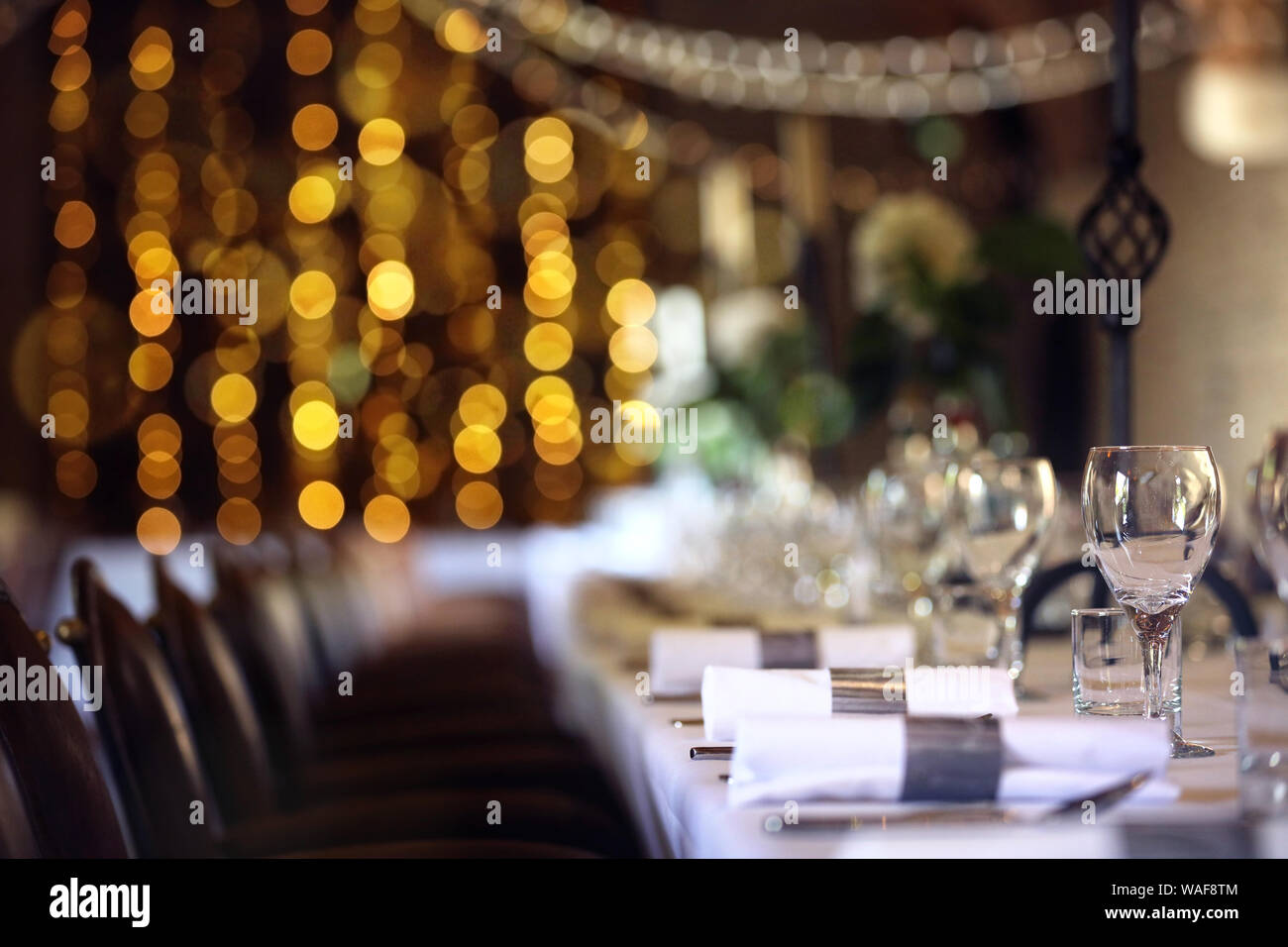 Formal wedding place setting on long table background focus on wine glass Stock Photo