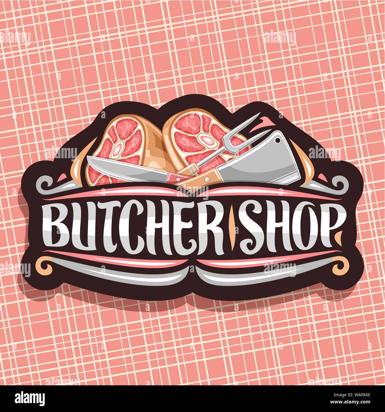 Vector Logo For Butcher Shop Black Vintage Sign Board With Illustration Of Premium Leg Ham Big Fork And Cleaver Original Brush Lettering For Words Stock Vector Image Art Alamy Affordable and search from millions of royalty free images, photos and vectors. https www alamy com vector logo for butcher shop black vintage sign board with illustration of premium leg ham big fork and cleaver original brush lettering for words image264638360 html