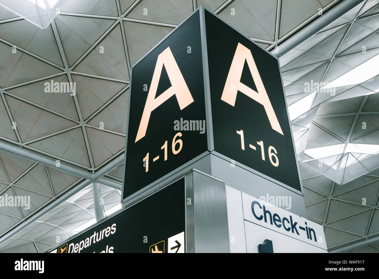 LONDON - AUGUST 7, 2019: Departures gate sign at modern airport terminal at London Stansted Stock Photo