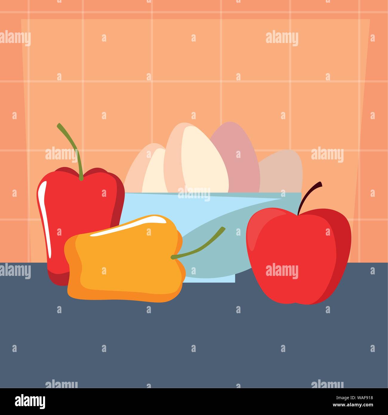 bowl with eggs pepper apple preparation cooking vector illustration ...