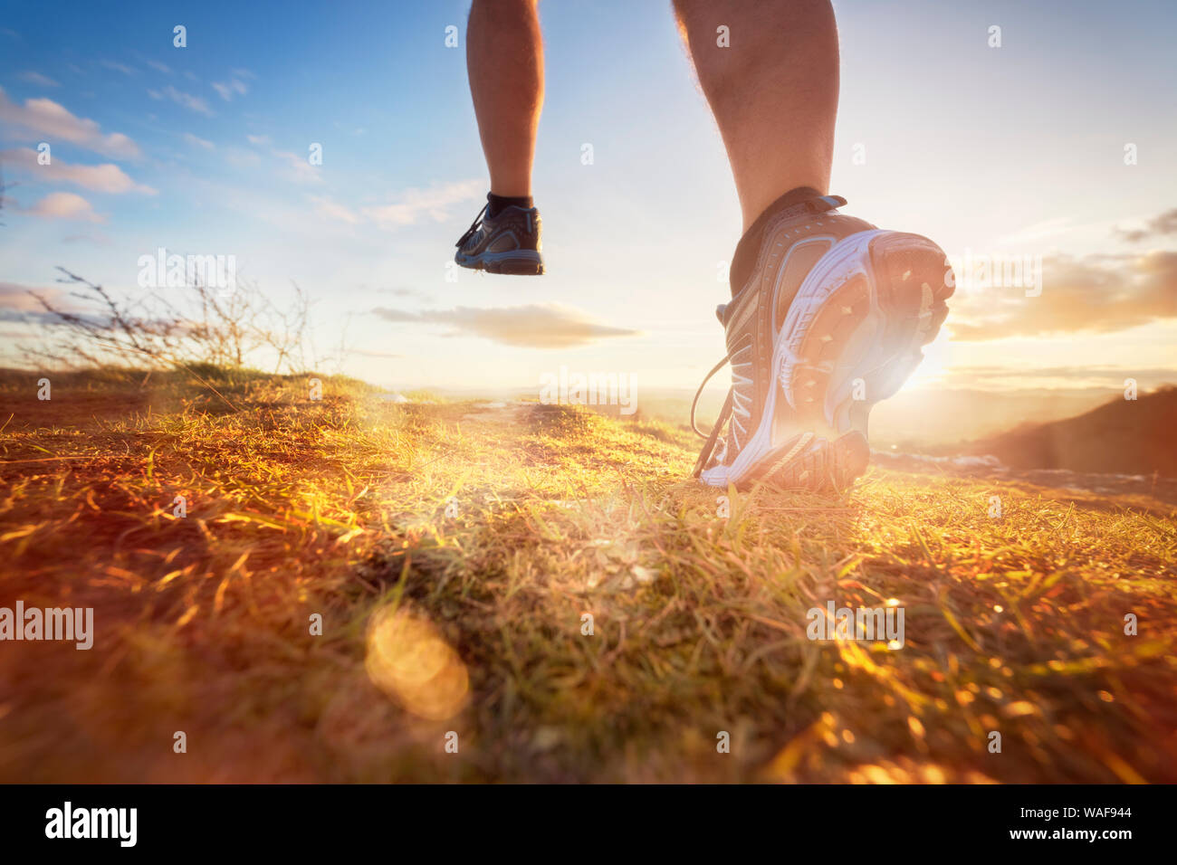 Outdoor cross-country running in morning sunrise concept for exercising, fitness and healthy lifestyle Stock Photo