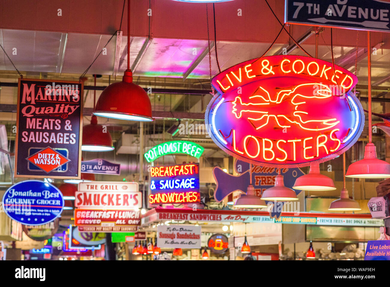 PHILADELPHIA, PENNSYLVANIA - NOVEMBER 18, 2016: Signs in Reading Terminal Market. The historic market is a popular attraction for culinary treats. Stock Photo