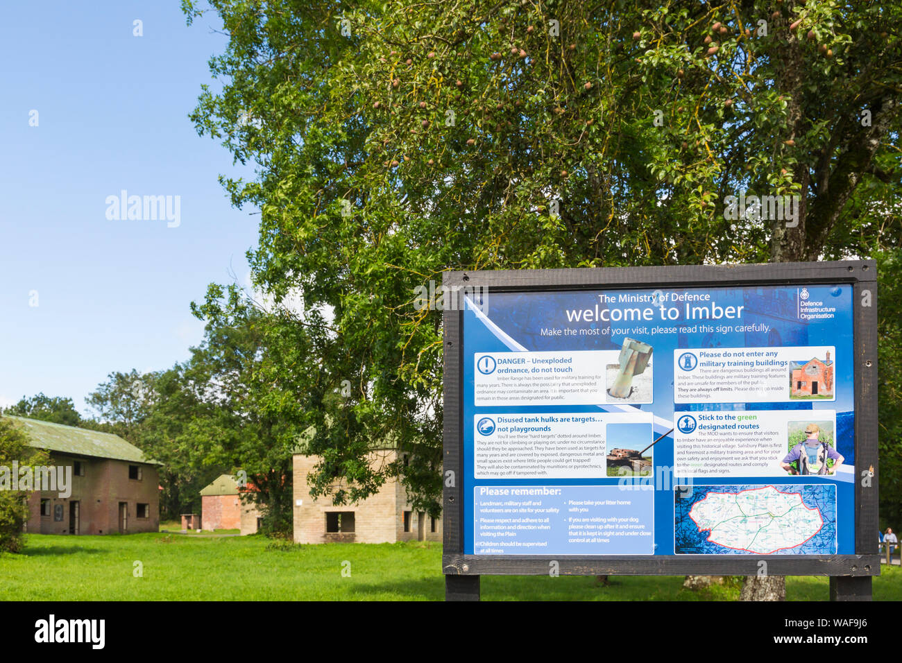 open day for visitors to see the deserted ghost village of Imber on Salisbury Plain, Wiltshire UK in August - Ministry of Defence information board Stock Photo