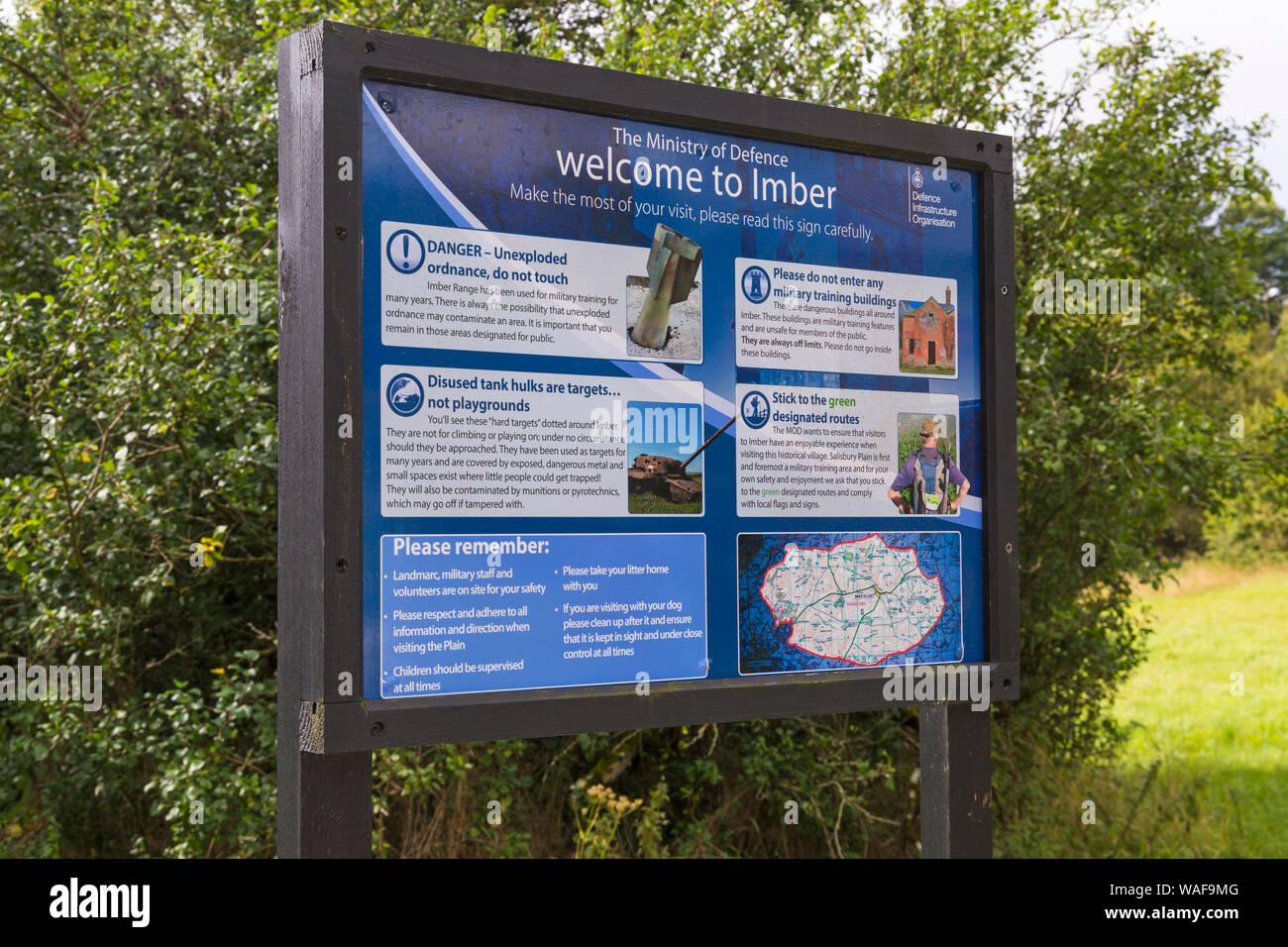 open day for visitors to see the deserted ghost village of Imber on Salisbury Plain, Wiltshire UK in August - Ministry of Defence information board Stock Photo