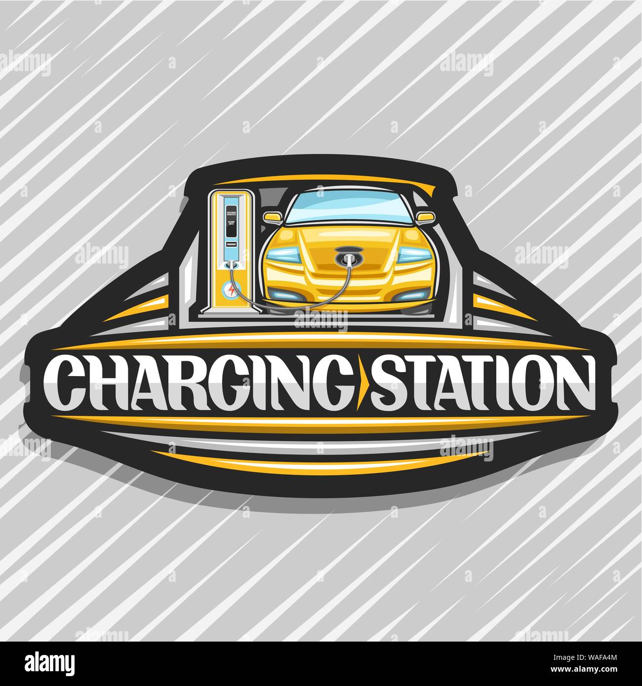 Vector logo for Electric Car Charging Station, black design signboard with cartoon electric vehicle loading in high power charger, original lettering Stock Vector