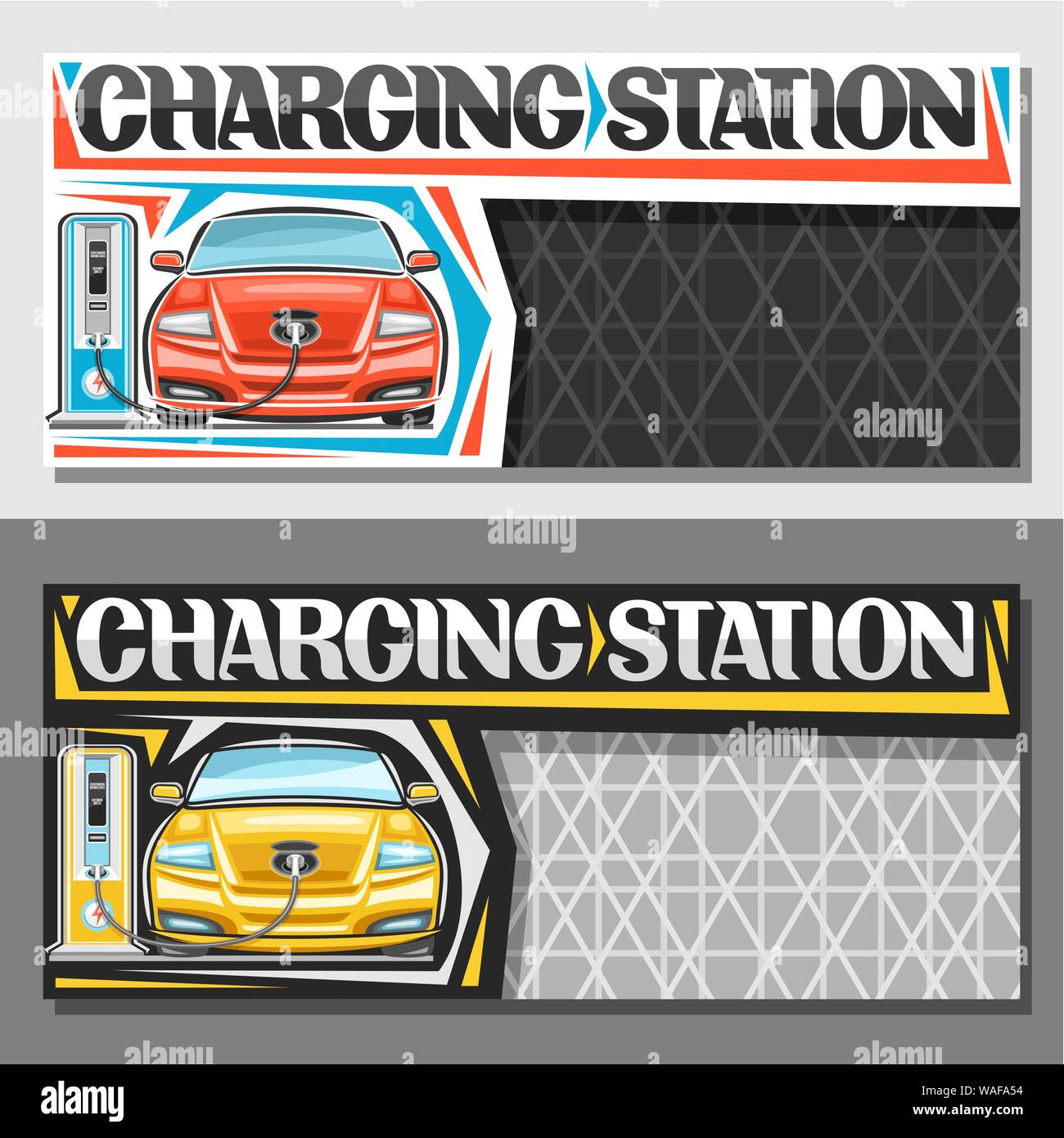 Vector layouts for Electric Car Charging Station with copy space on cells, signboard with cartoon electric red and yellow vehicles loading in charger, Stock Vector