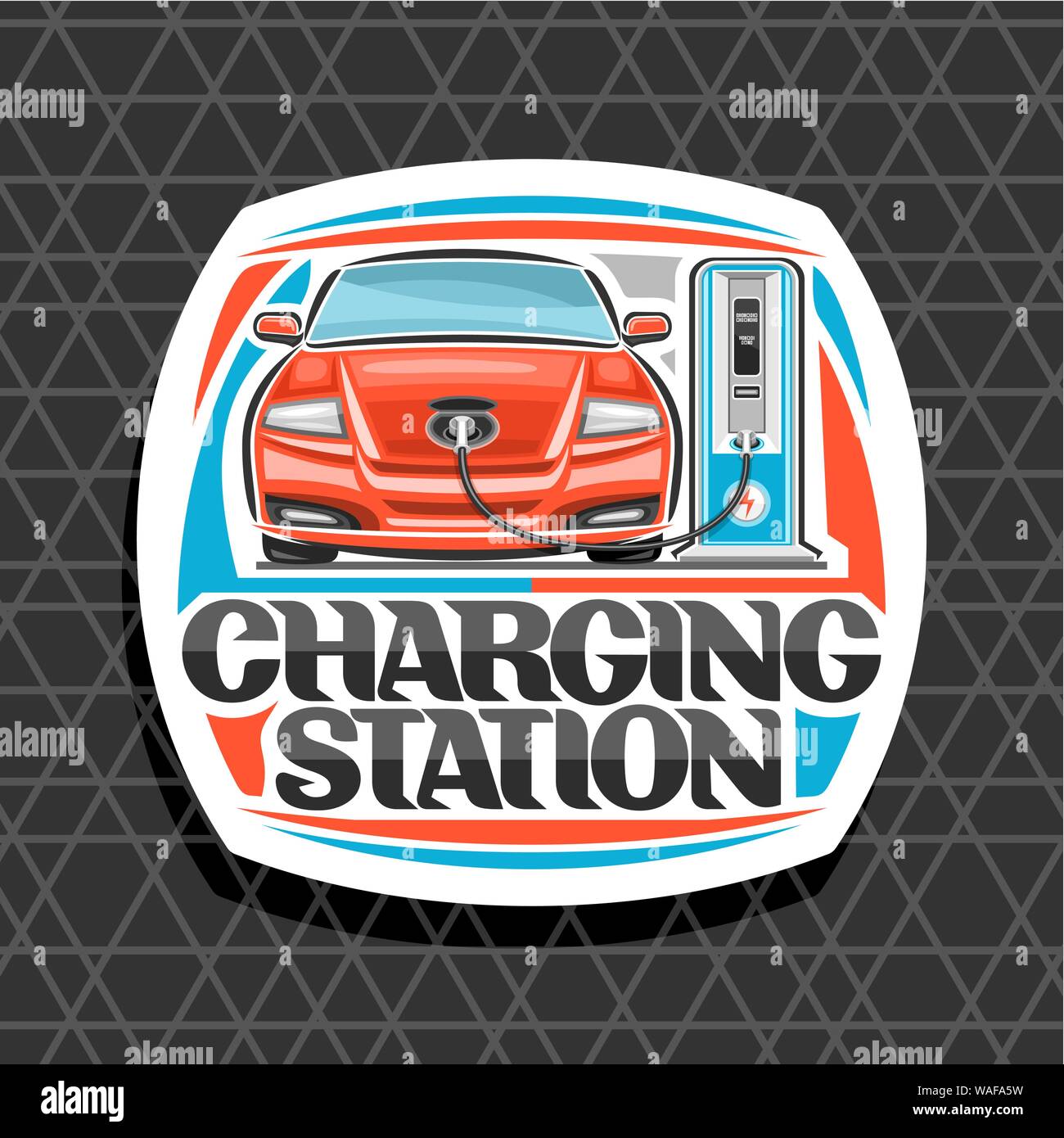 Vector logo for Electric Car Charging Station, white design sign board with cartoon electric vehicle loading in high power charger, original lettering Stock Vector