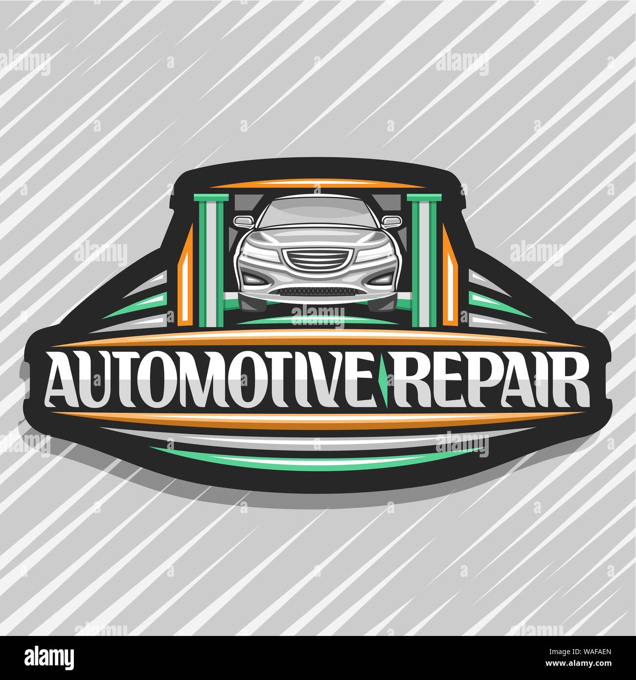 Vector logo for Automotive Repair, black decorative sign board with vehicle on green elevator for diagnostic, original lettering for words automotive Stock Vector