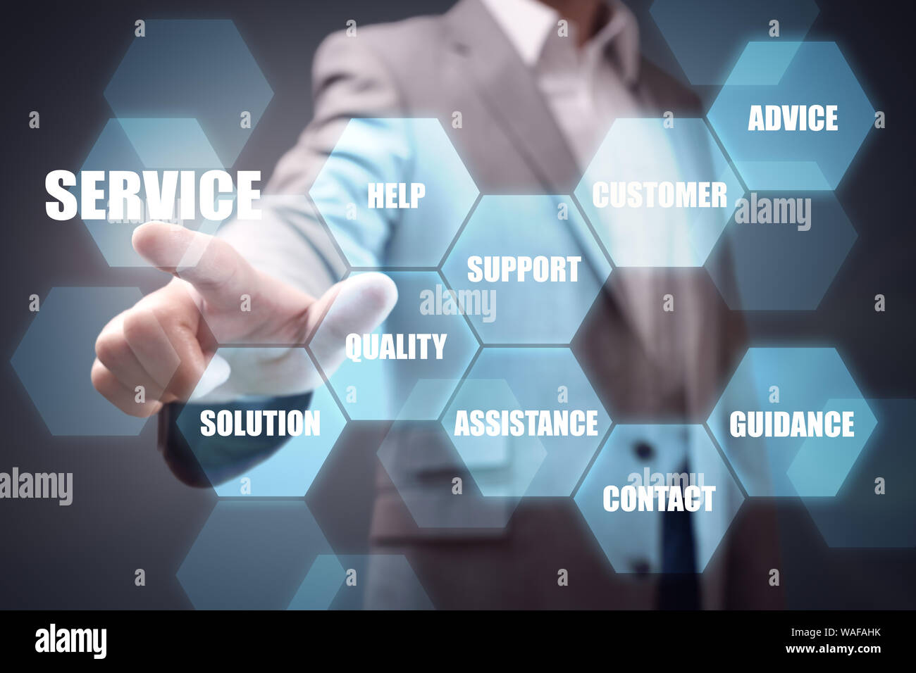 businessman hand pushing service button concept for help, contact support and assistance Stock Photo