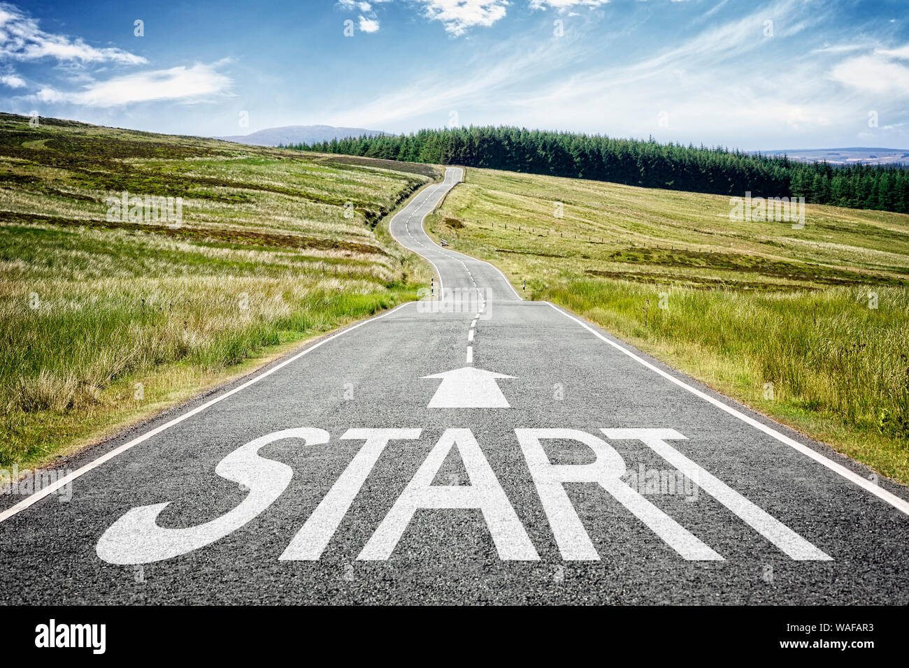 Start line on the highway disappearing into the distance concept for business planning, strategy and challenge or career path, opportunity and change Stock Photo