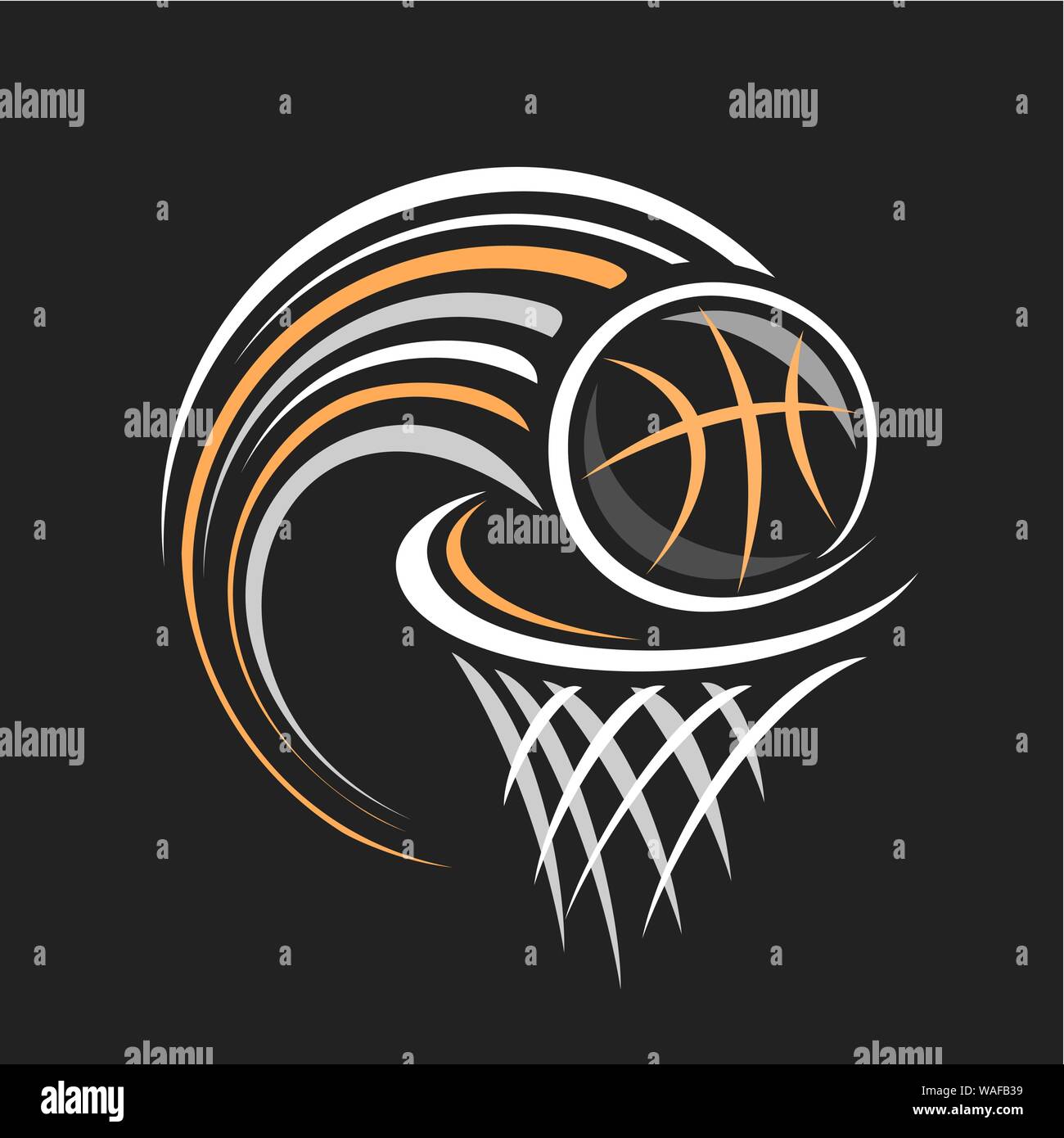 Vector logo for Basketball, decorative badge with basketball ball flying on trajectory in basket with net on black background, sports chalk sketch on Stock Vector