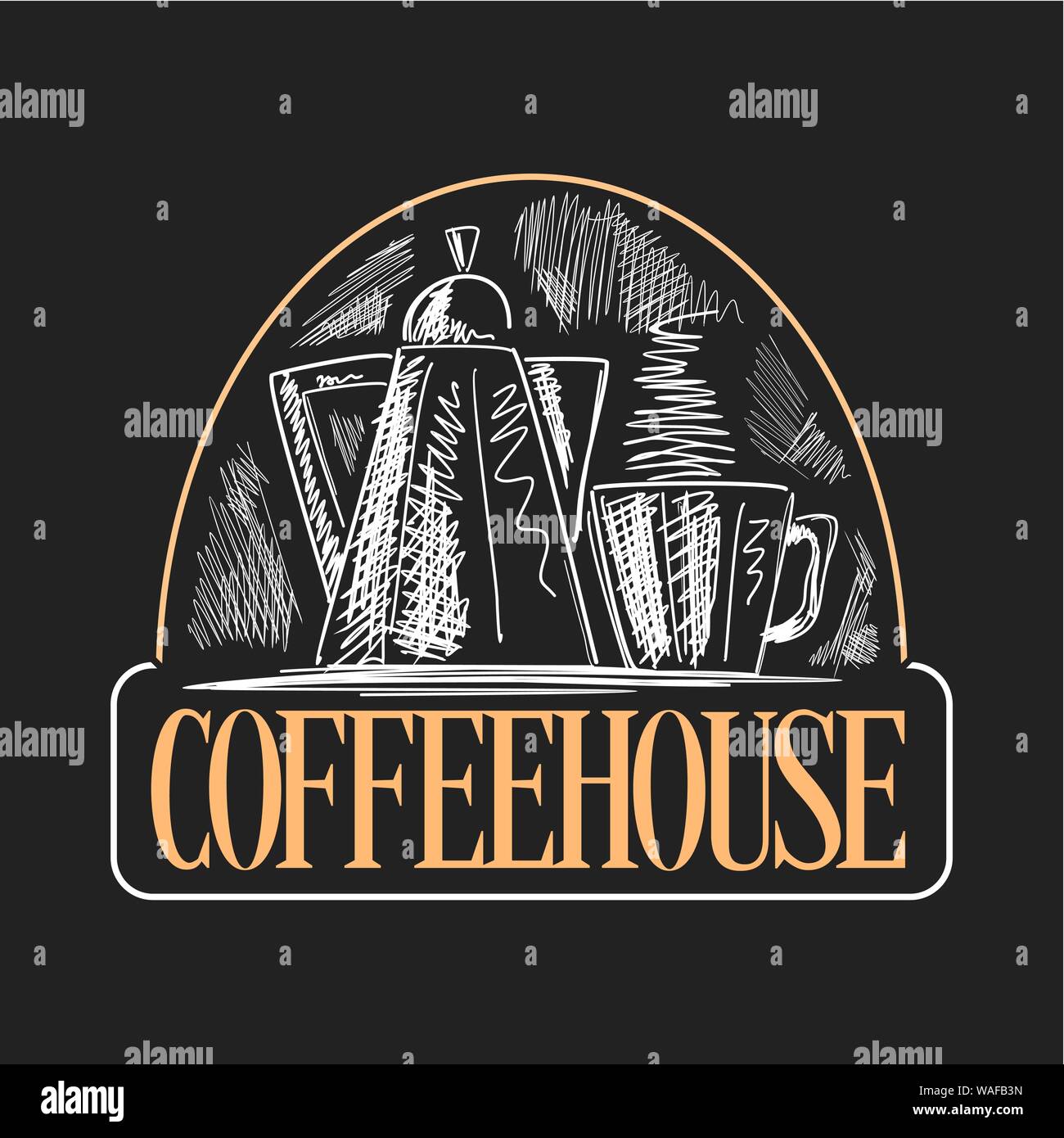 Vector logo for Coffee House, decorative signage with coffee pot and cup with hot beverage on black background, poster with trendy chalk sketch with l Stock Vector
