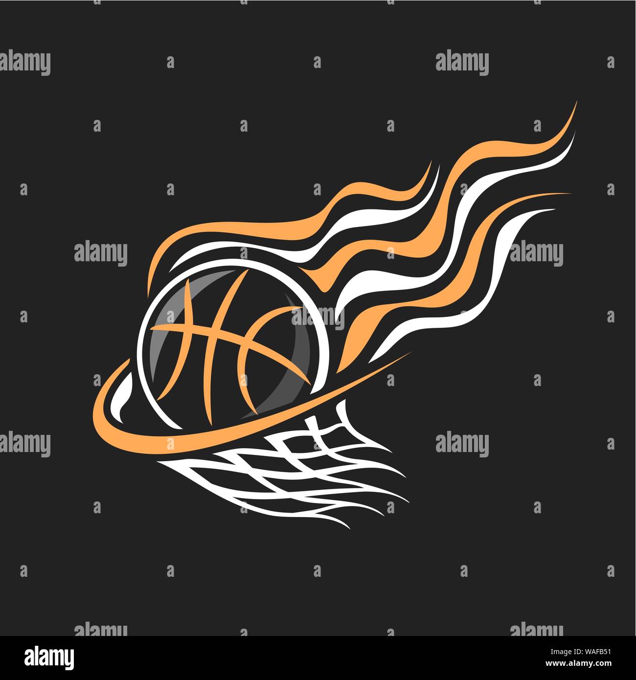 Vector logo for Basketball, decorative badge with burning basketball ball flying on trajectory in basket with net on black background, sports chalk sk Stock Vector