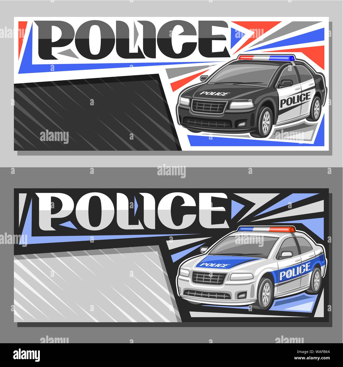 Vector banners for Police Car, layouts with illustration of modern sedan of municipal road department, decorative lettering for word police, brochures Stock Vector