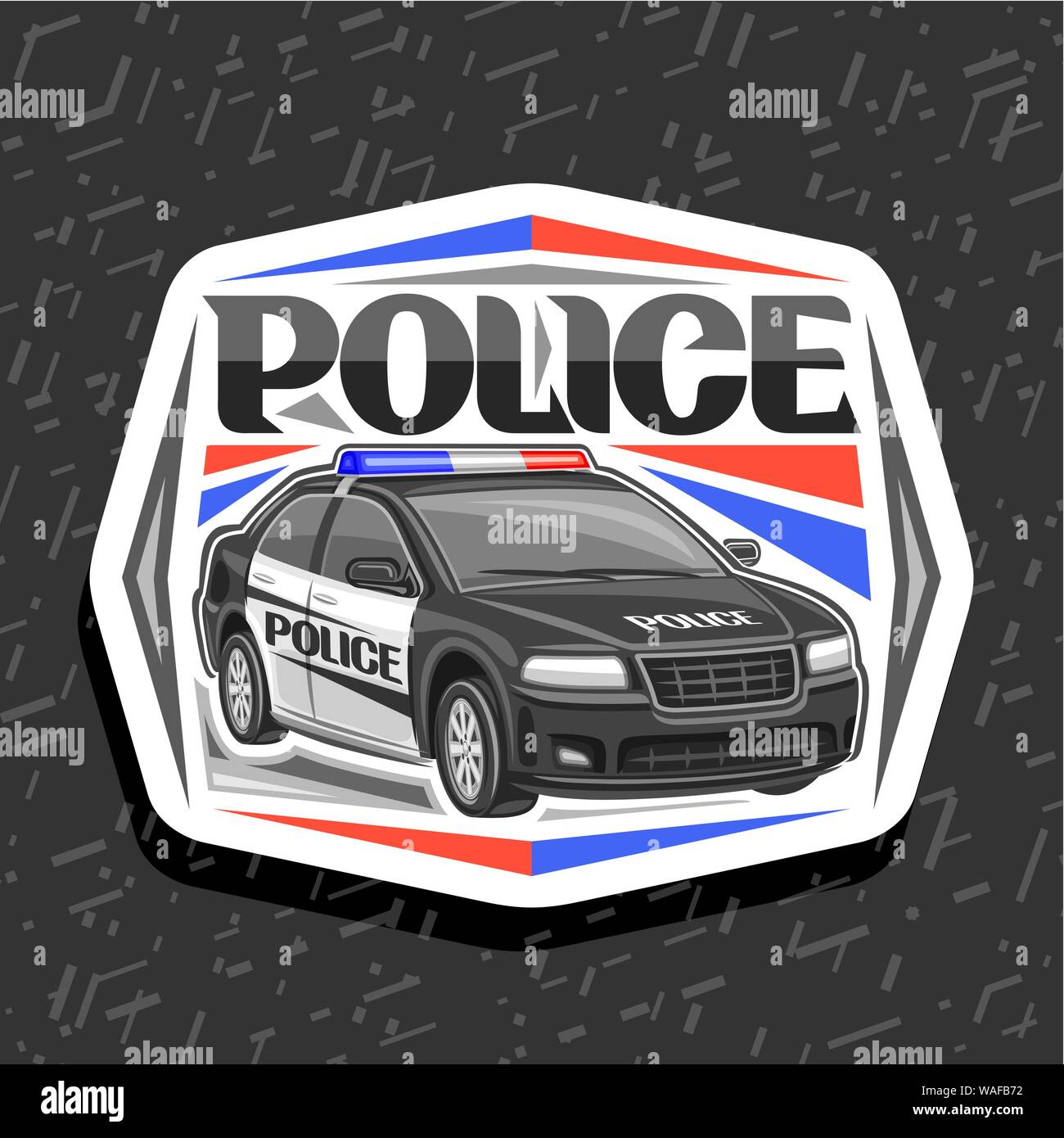 Vector logo for Police Car, white decorative sign with illustration of modern sedan of municipal road department, original lettering for word police, Stock Vector