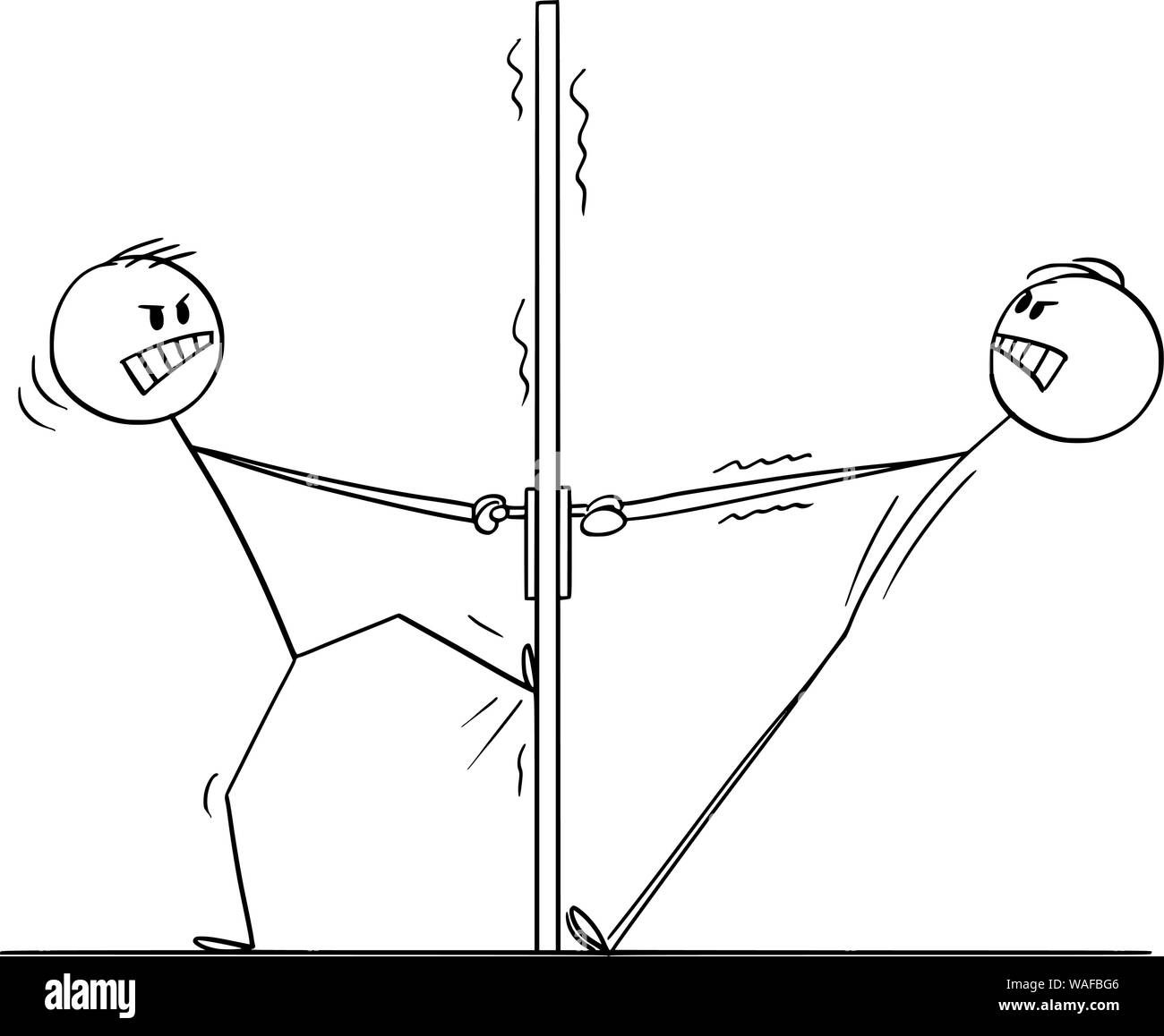 Vector cartoon stick figure drawing conceptual illustration of two angry men or businessmen trying to open the door from both sides and not cooperating. Stock Vector