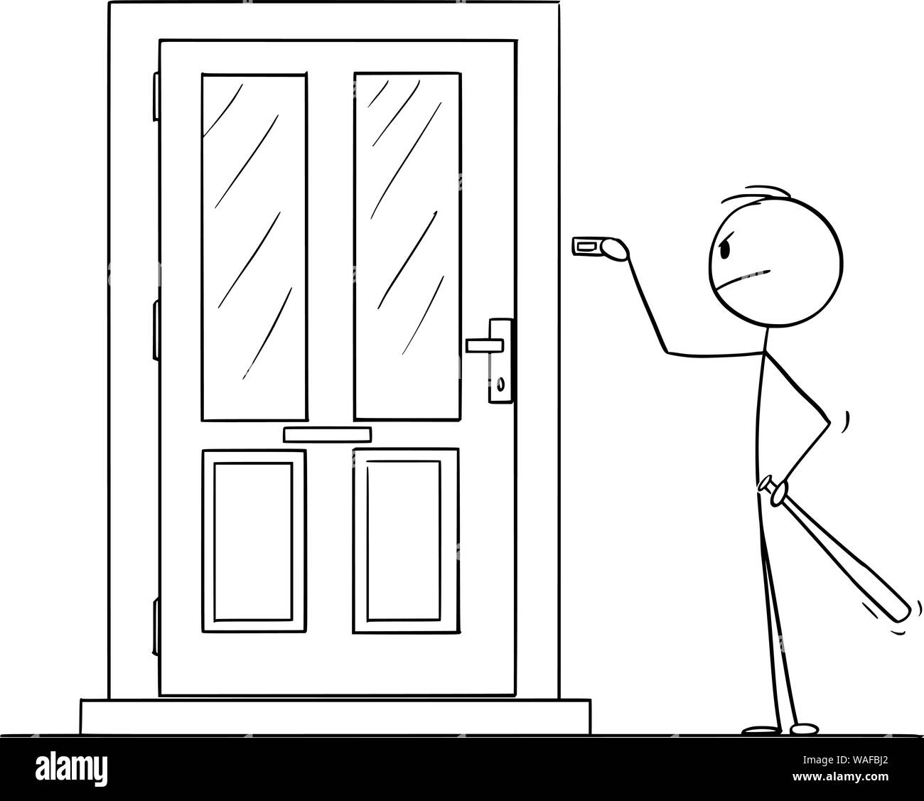 Vector cartoon stick figure drawing conceptual illustration of man with baseball bat ringing the door bell. Concept of violence and crime. Stock Vector