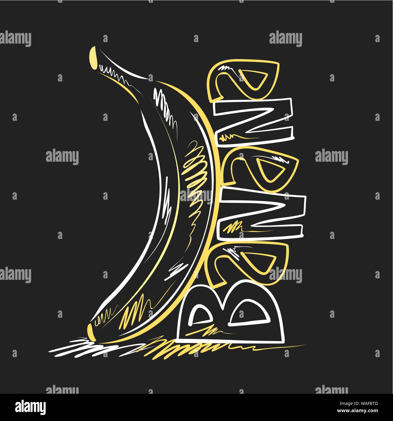 Vector logo for Banana, decorative label with creative standing yellow plantain on black background, poster with modern chalk sketch with original let Stock Vector