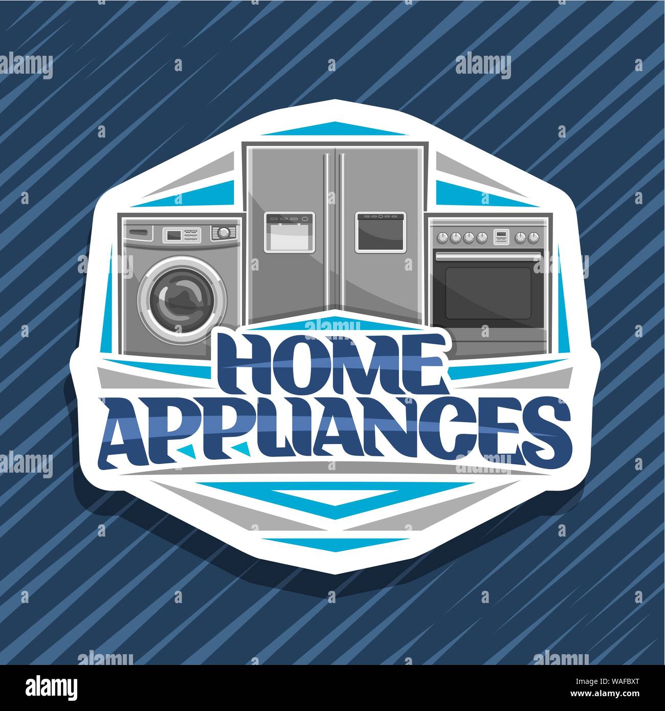 Vector logo for Home Appliances, cut paper sign with illustration of chrome washing machine, large fridge with screen, electric cooker, original lette Stock Vector