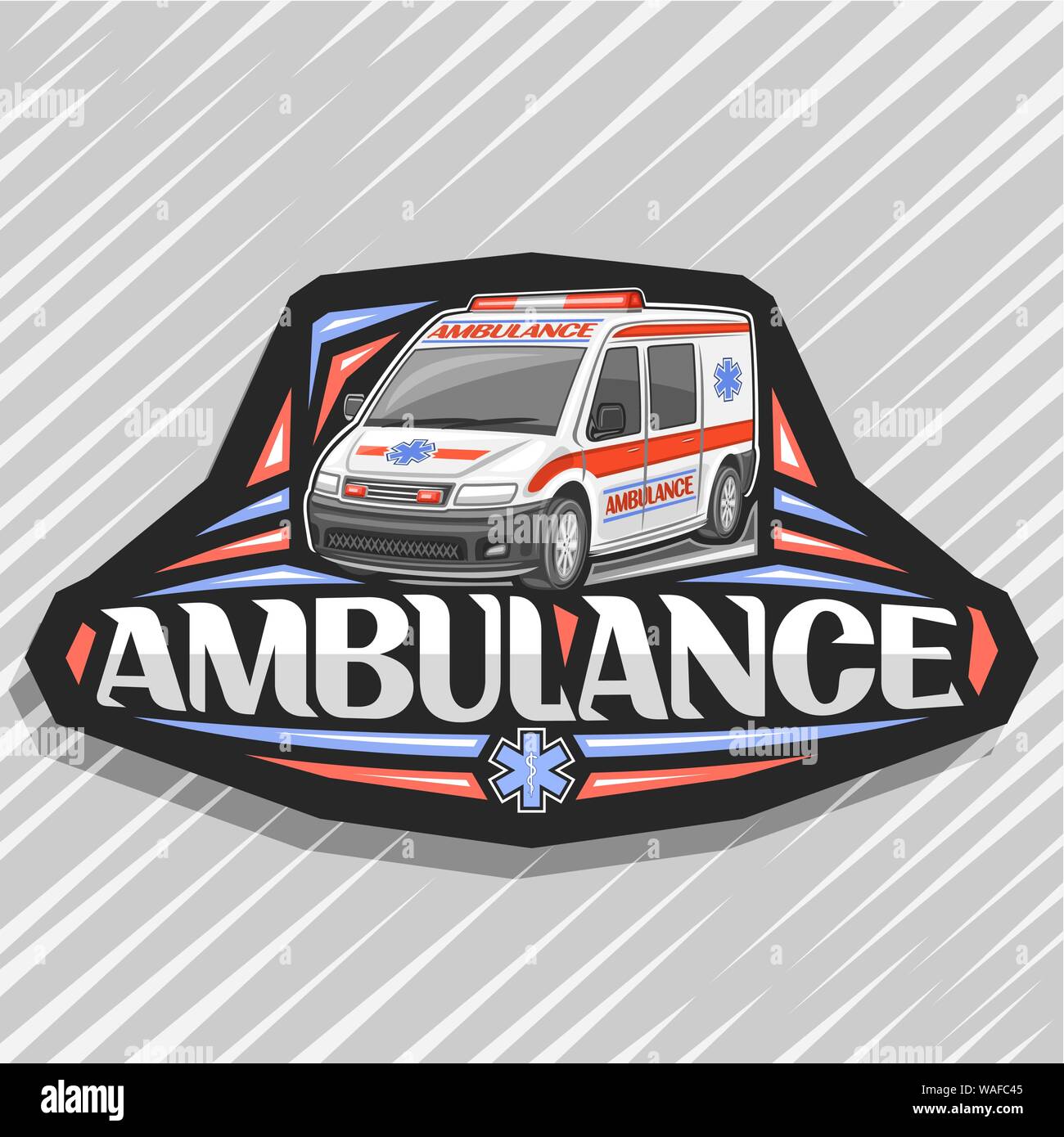 Vector logo for Ambulance, black decorative badge with white van for emergency with red alarm flashers, original typeface for word ambulance, signboar Stock Vector