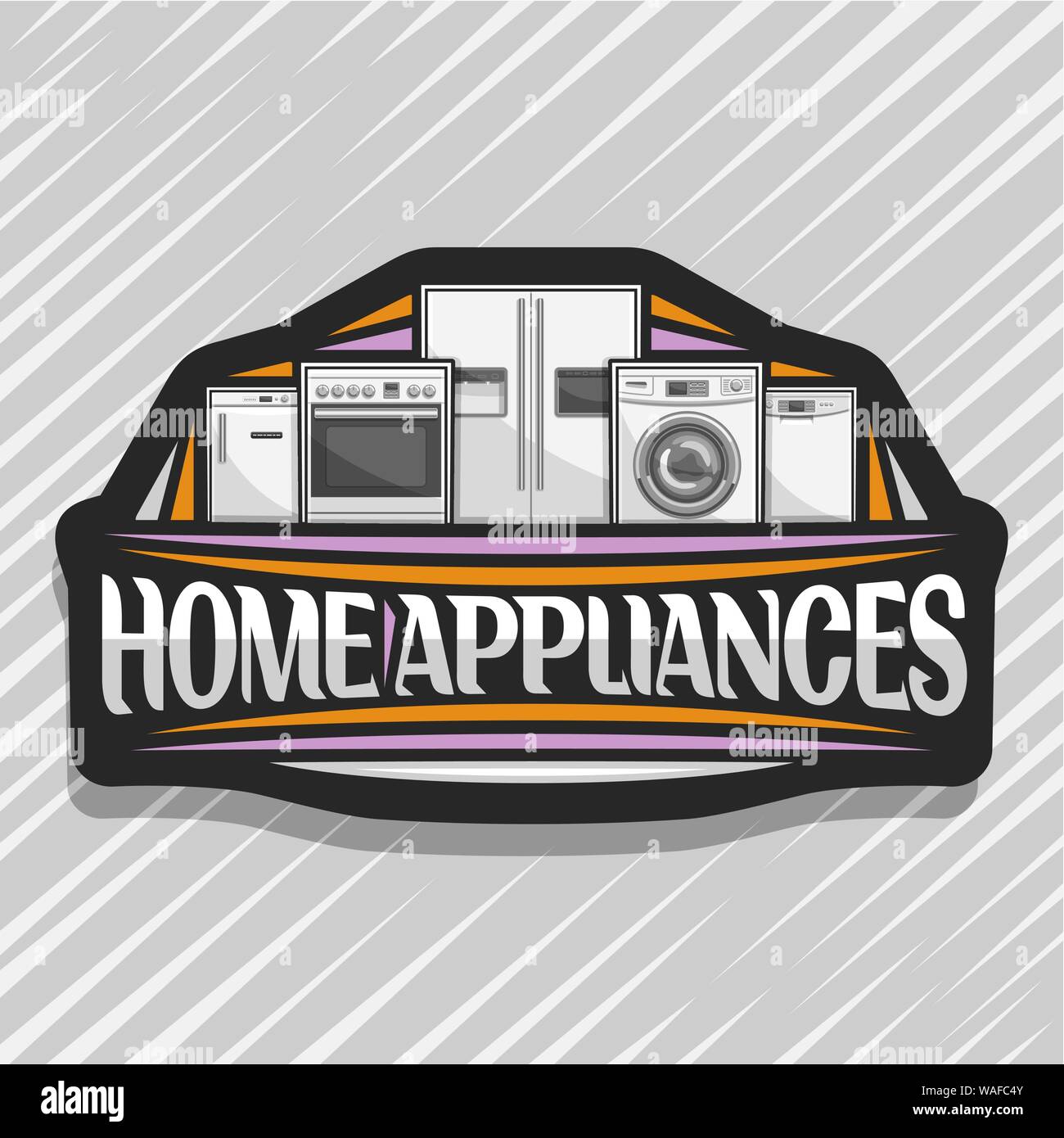 Vector logo for Home Appliances, black decorative label with illustration of big collection silver color kitchen appliance, original lettering for wor Stock Vector