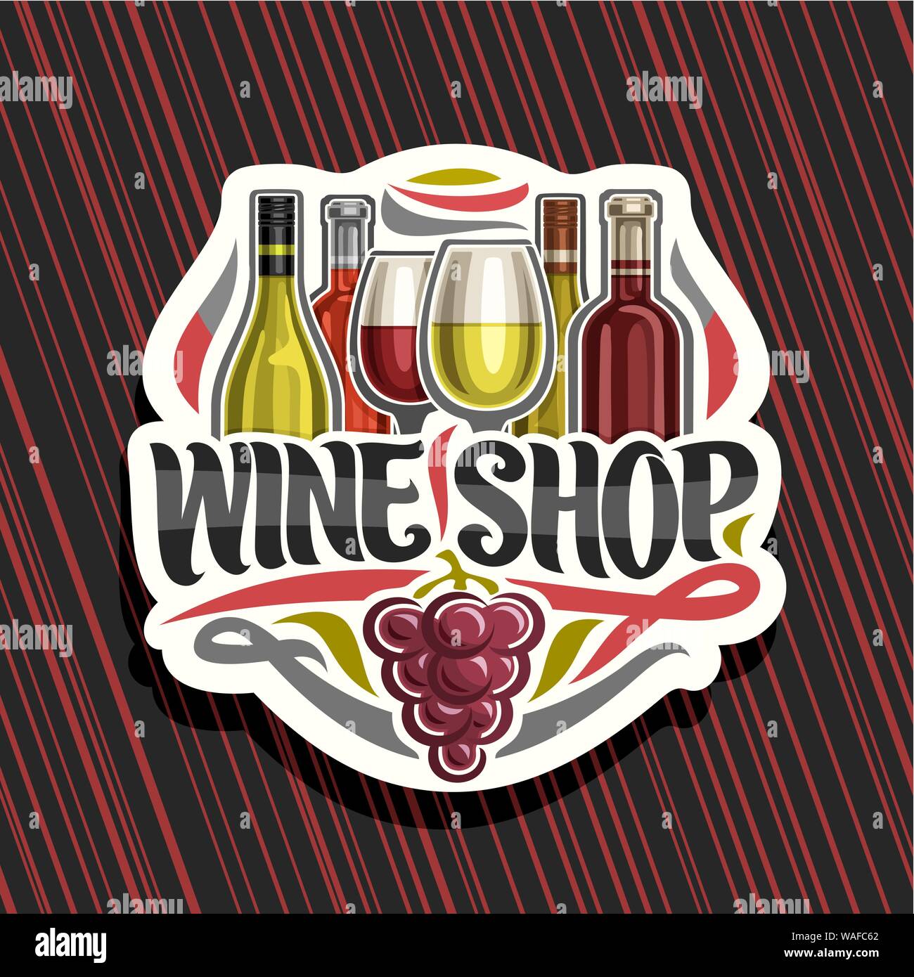 Vector logo for Wine Shop, cut paper sign with set of cartoon french wine bottles and half full shiny wineglasses, decorative flourishes and lettering Stock Vector