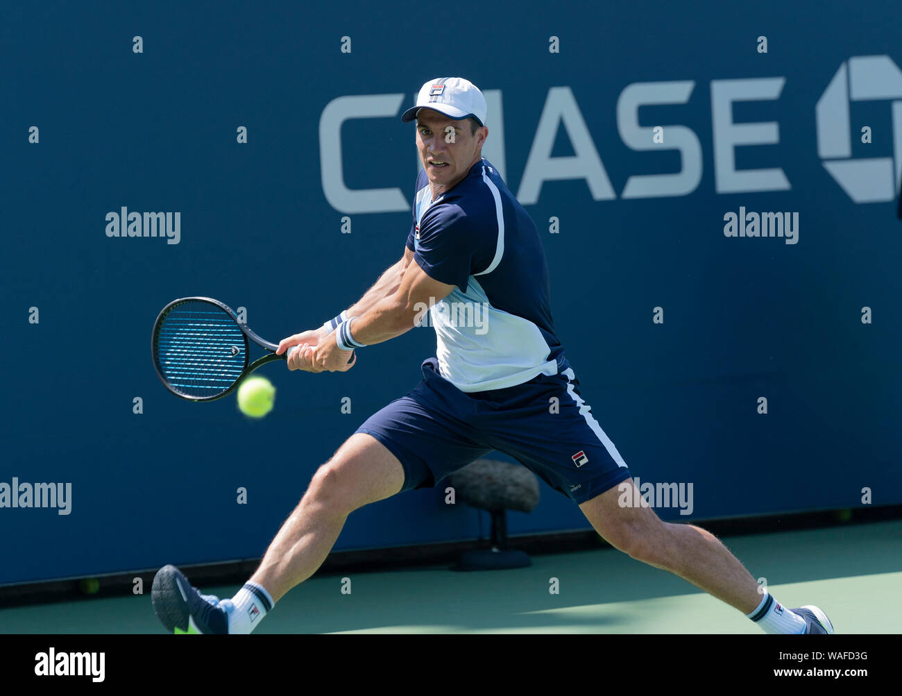 New York, United States. 19th Aug, 2019. Facundo Bagnis (Argentina) returns  ball during qualifying round 1 of US Open Tennis Championship against Alex  Rybakov (USA) at Billie Jean King National Tennis Center (