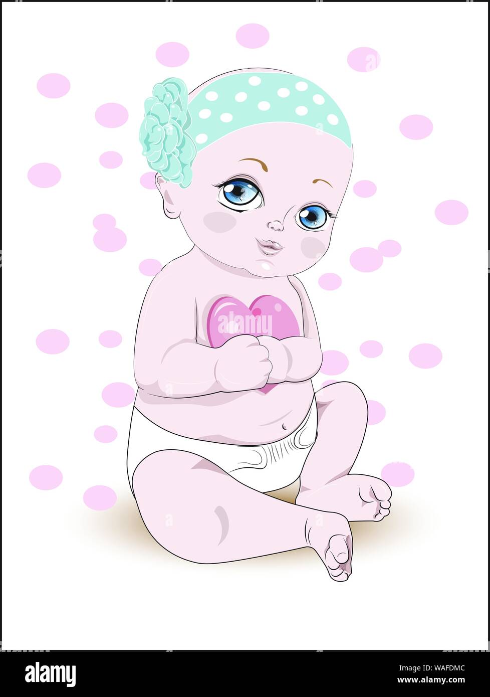 the bald baby with blue eyes, the boy or the girl, sits in a diaper, with heart Stock Vector