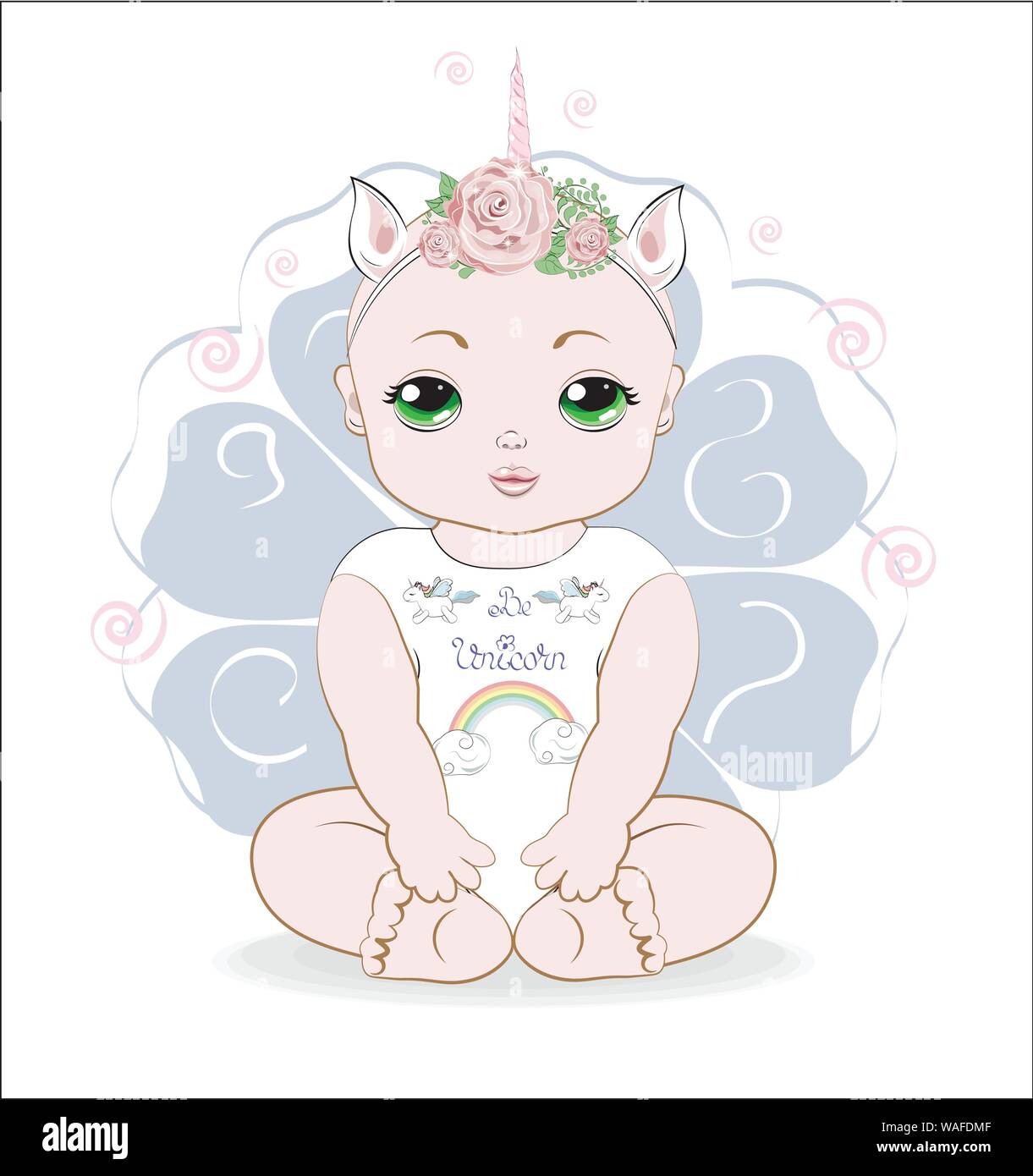 the baby girl with green eyes, sits in a white. Bodysuit with unicorn print, Unicorn baby party. Can be used for t-shirt print, kids wear fashion desi Stock Vector
