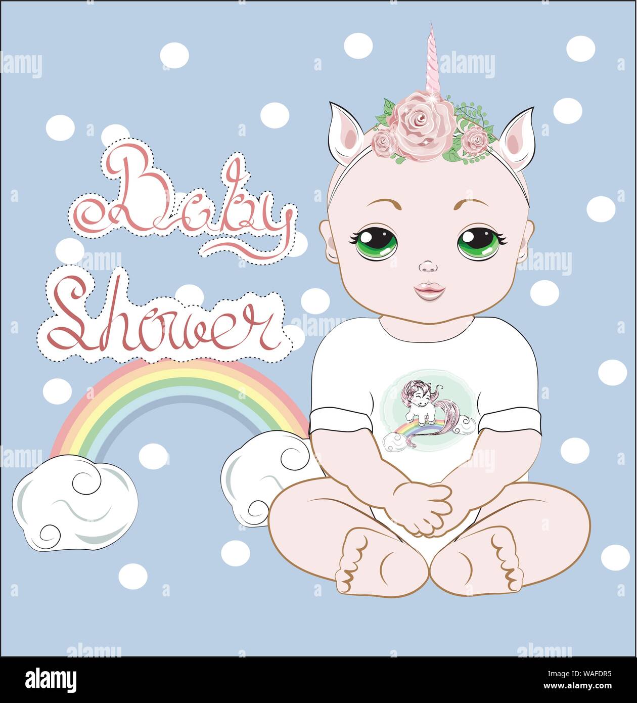 the baby girl with green eyes, sits in a white. Bodysuit with unicorn print, Unicorn baby party.  Can be used for t-shirt print, kids wear fashion des Stock Vector