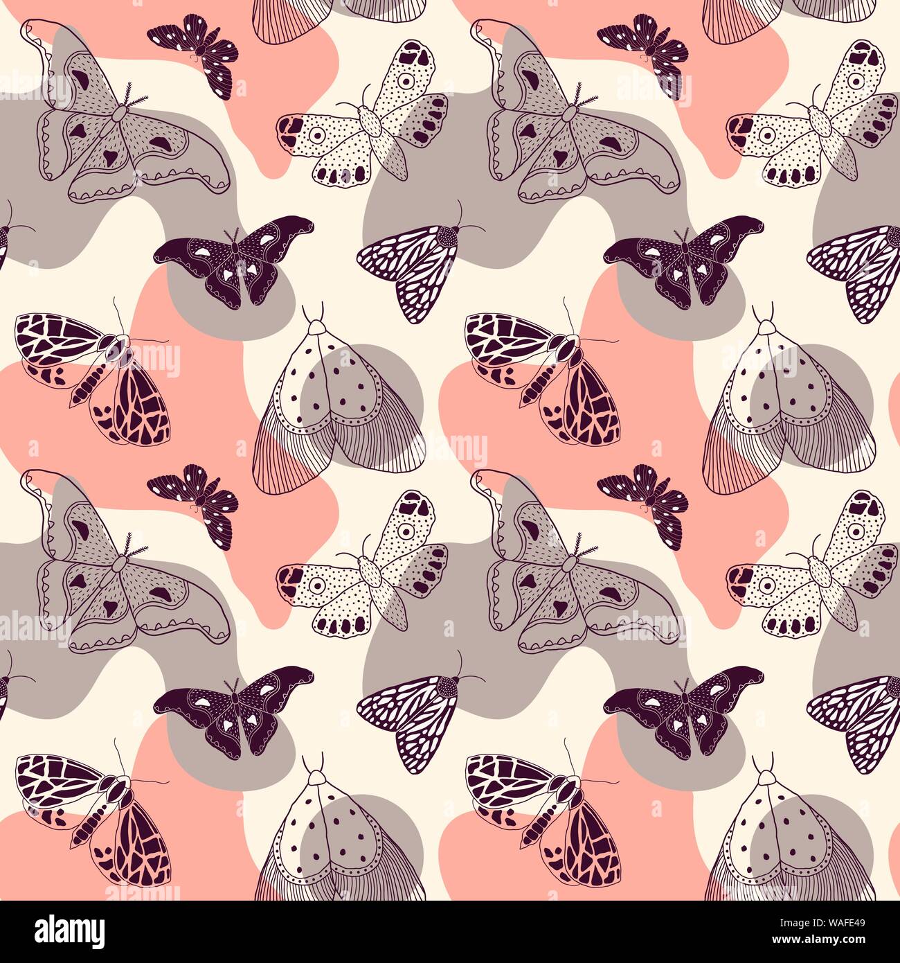 Seamless pattern with hand drawn butterflies and moths on colorful ...