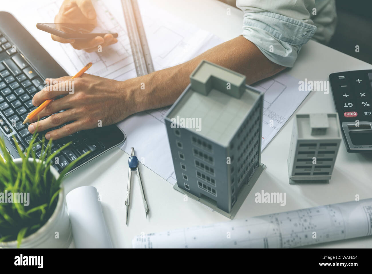 architect workplace - working on new house project in office Stock Photo