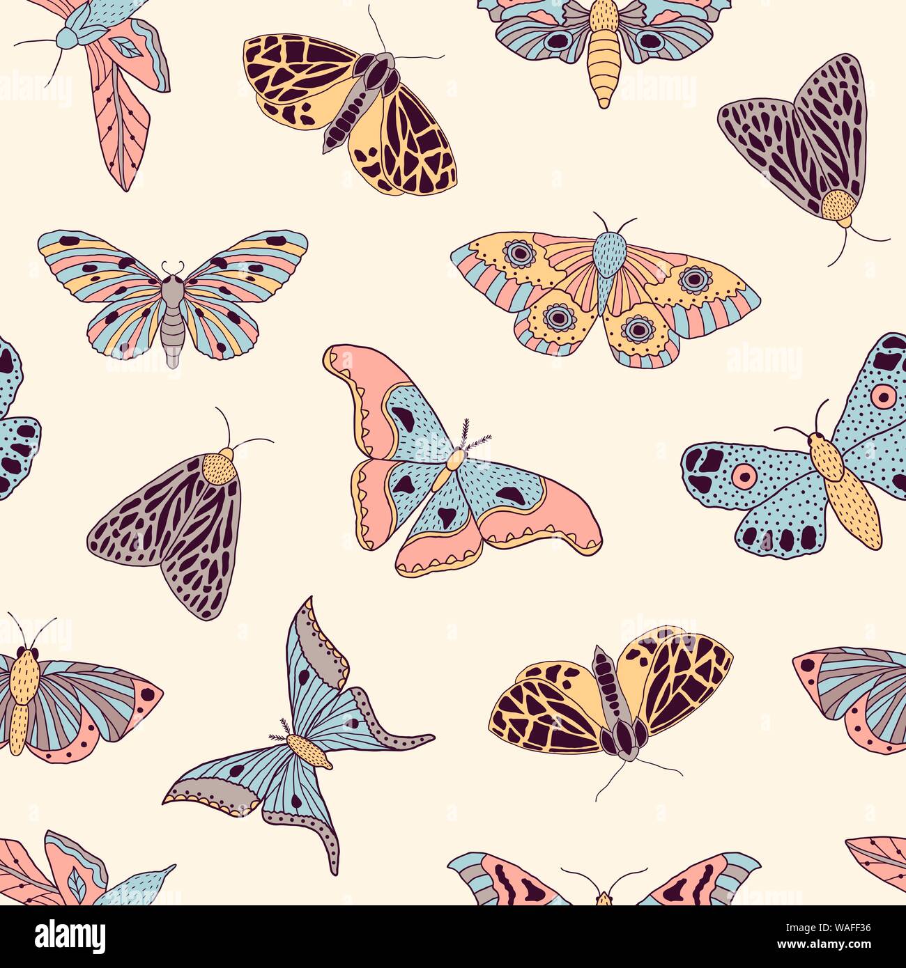 Seamless pattern with hand drawn butterflies and moths on sand ...