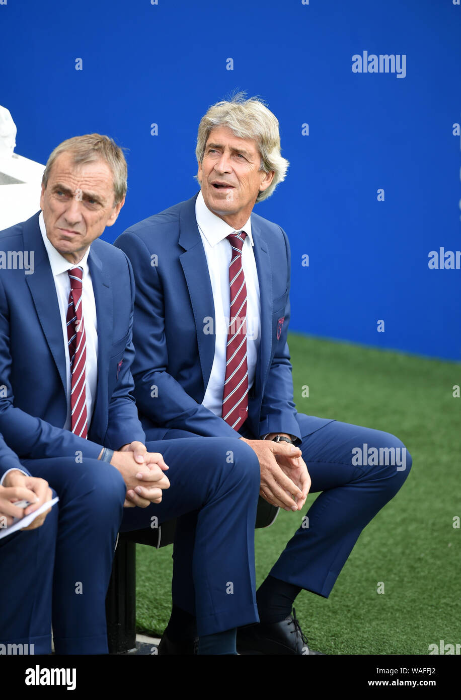 West Ham manager Manuel Pellegrini during the Premier League match between Brighton and Hove Albion and West Ham United at the American Express Community Stadium , Brighton , 17 August 2019 :  Editorial use only. No merchandising. For Football images FA and Premier League restrictions apply inc. no internet/mobile usage without FAPL license - for details contact Football Dataco Stock Photo
