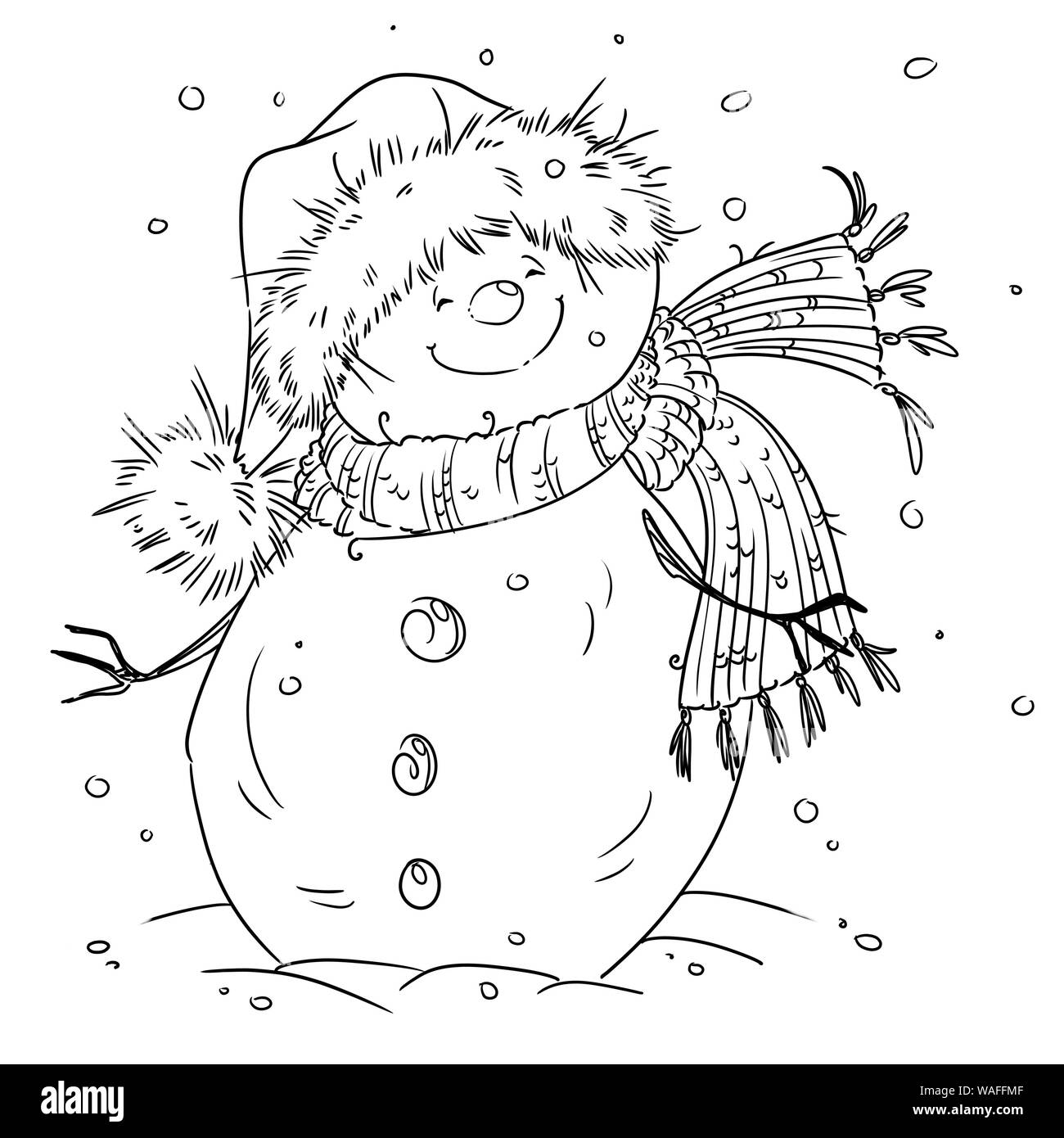 Outlined happy smiling snowman. Cute illustration coloring page. Digital stamp. Stock Photo