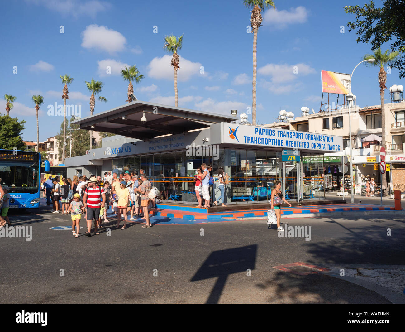 Pafos, Cyprus - July 15, 2016: People near Public bus station of Paphos Transport Organisation Stock Photo