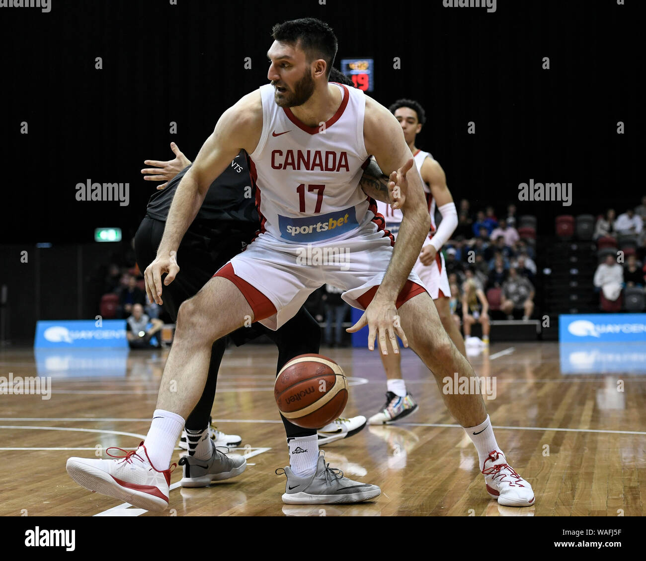 20th August 2019; Quay Centre, Sydney,  Australia; International Basketball, Canada versus New Zealand Tall Blacks; Owen Klassen of Canada under pressure from the Tall Blacks defence - Editorial Use Only. Stock Photo