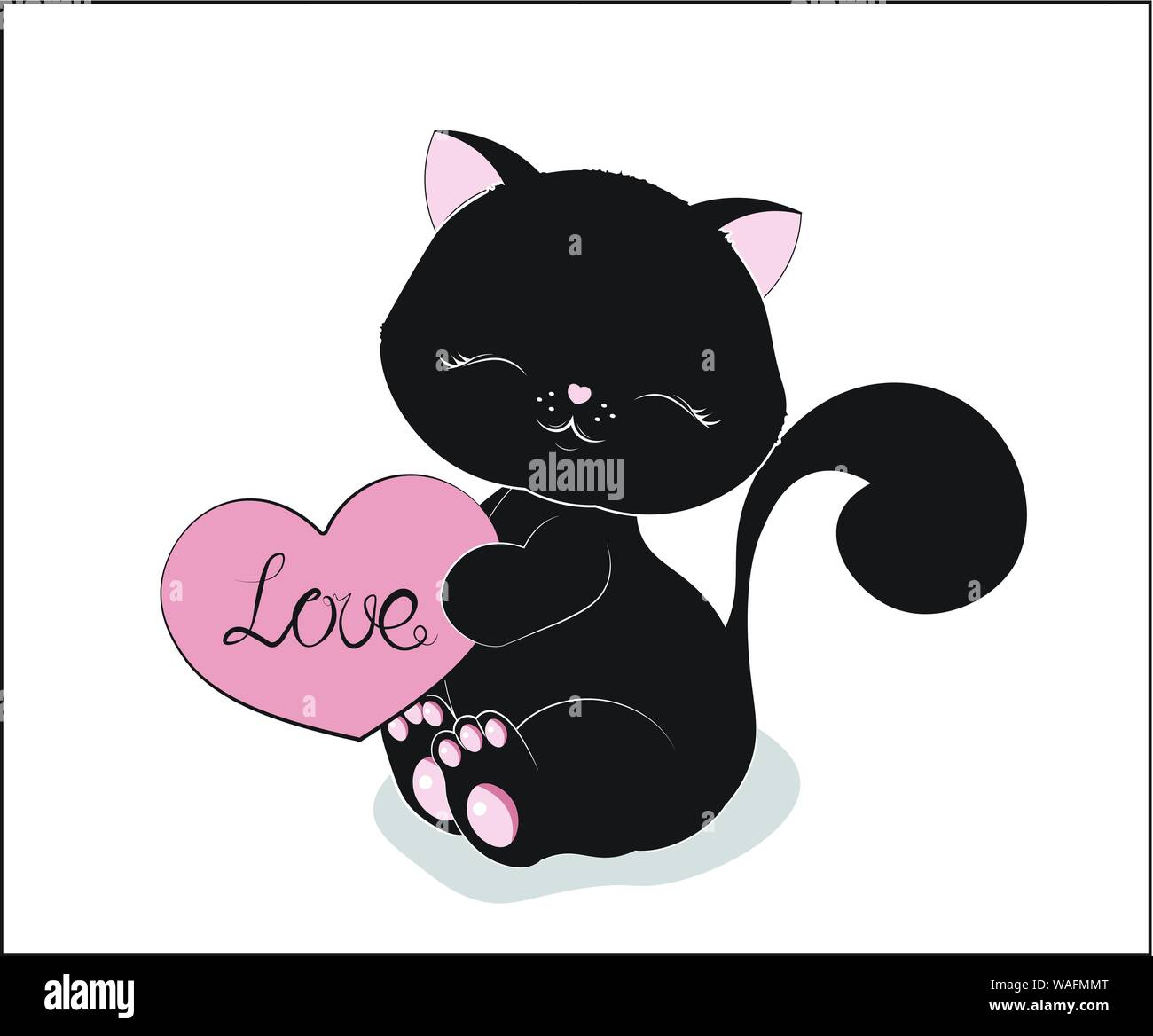 the lovely black cat, kitten, sits and smile, black cat with heart