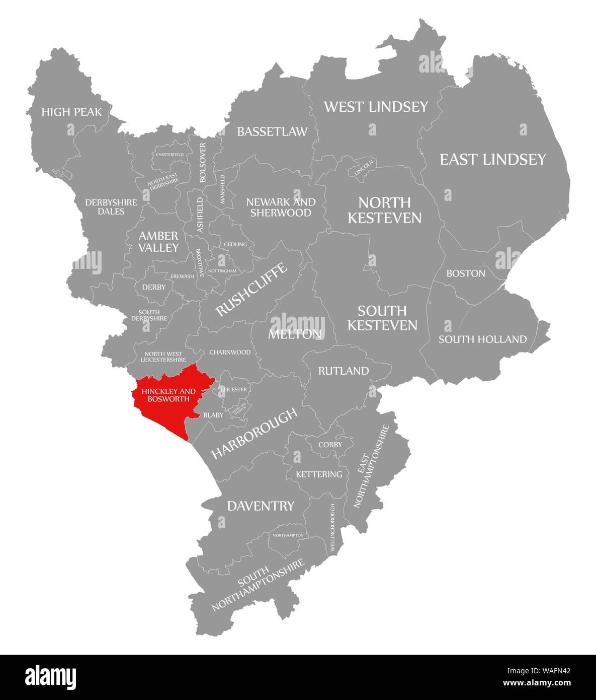 Hinckley and Bosworth red highlighted in map of East Midlands England