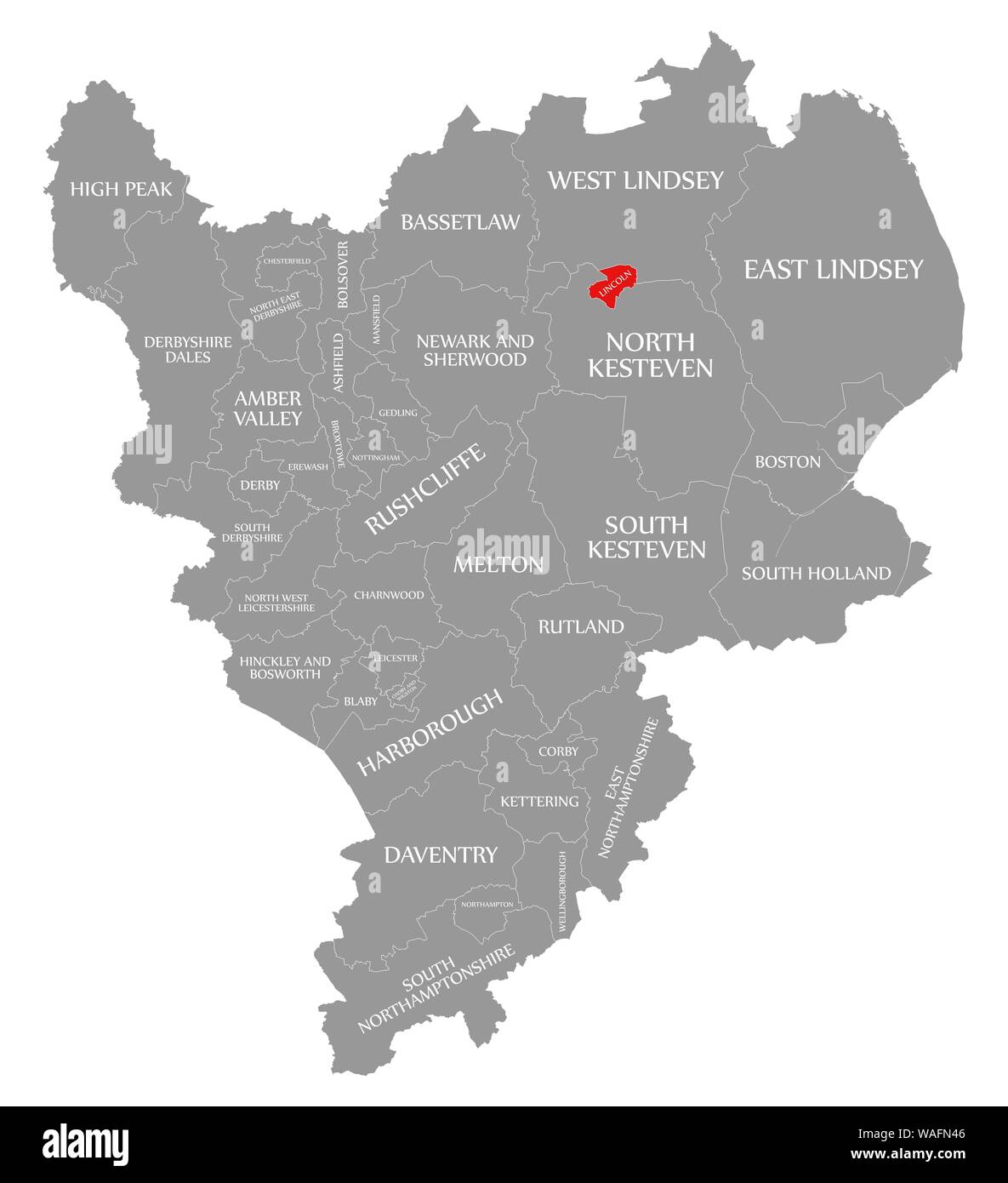 Lincoln counties Cut Out Stock - Lincoln Red Highlighted In Map Of East Midlands England Uk WAFN46 