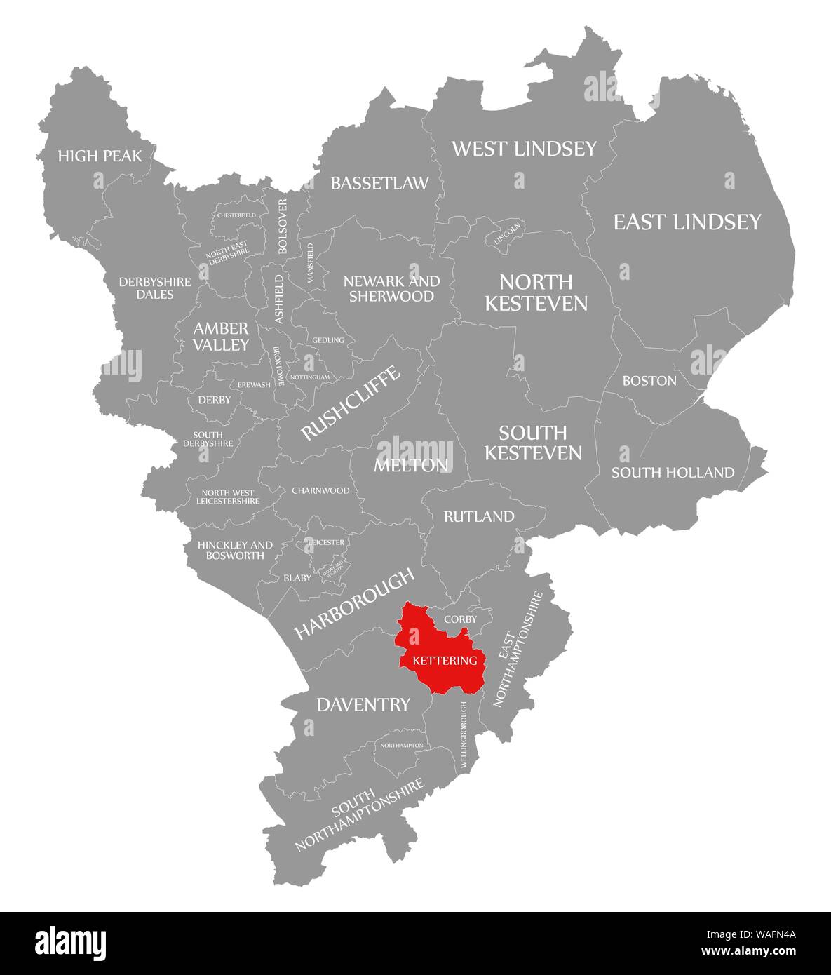 Kettering red highlighted in map of East Midlands England UK Stock