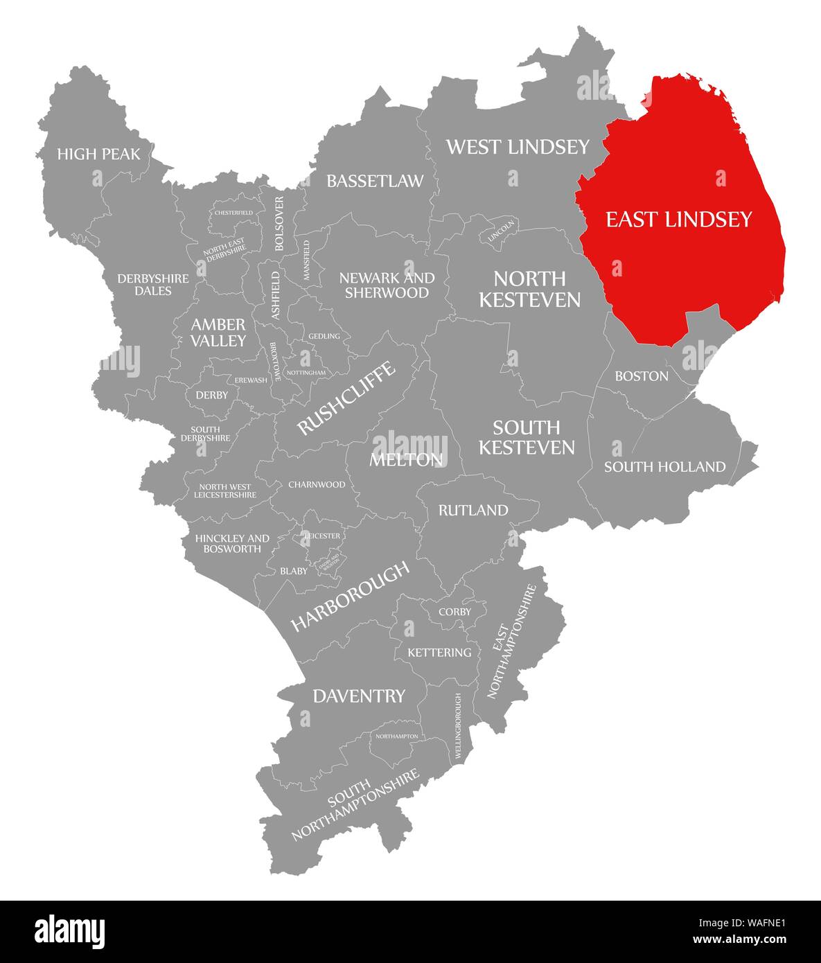 East Lindsey red highlighted in map of East Midlands England UK Stock